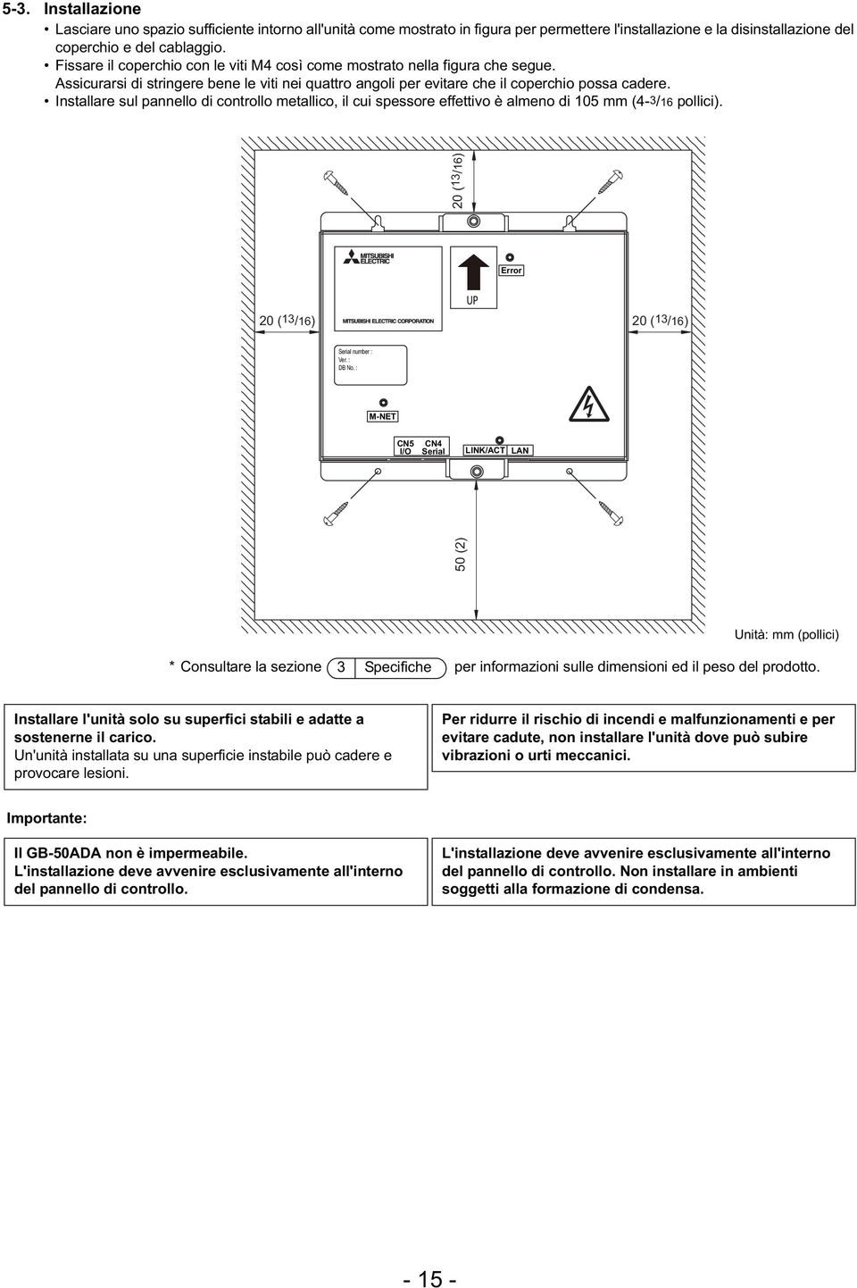 Installare sul pannello di controllo metallico, il cui spessore effettivo è almeno di 105 mm (4-3/16 pollici). 20 (13/16) Error 20 (13/16) 20 (13/16) Serial number : Ver. : DB No.