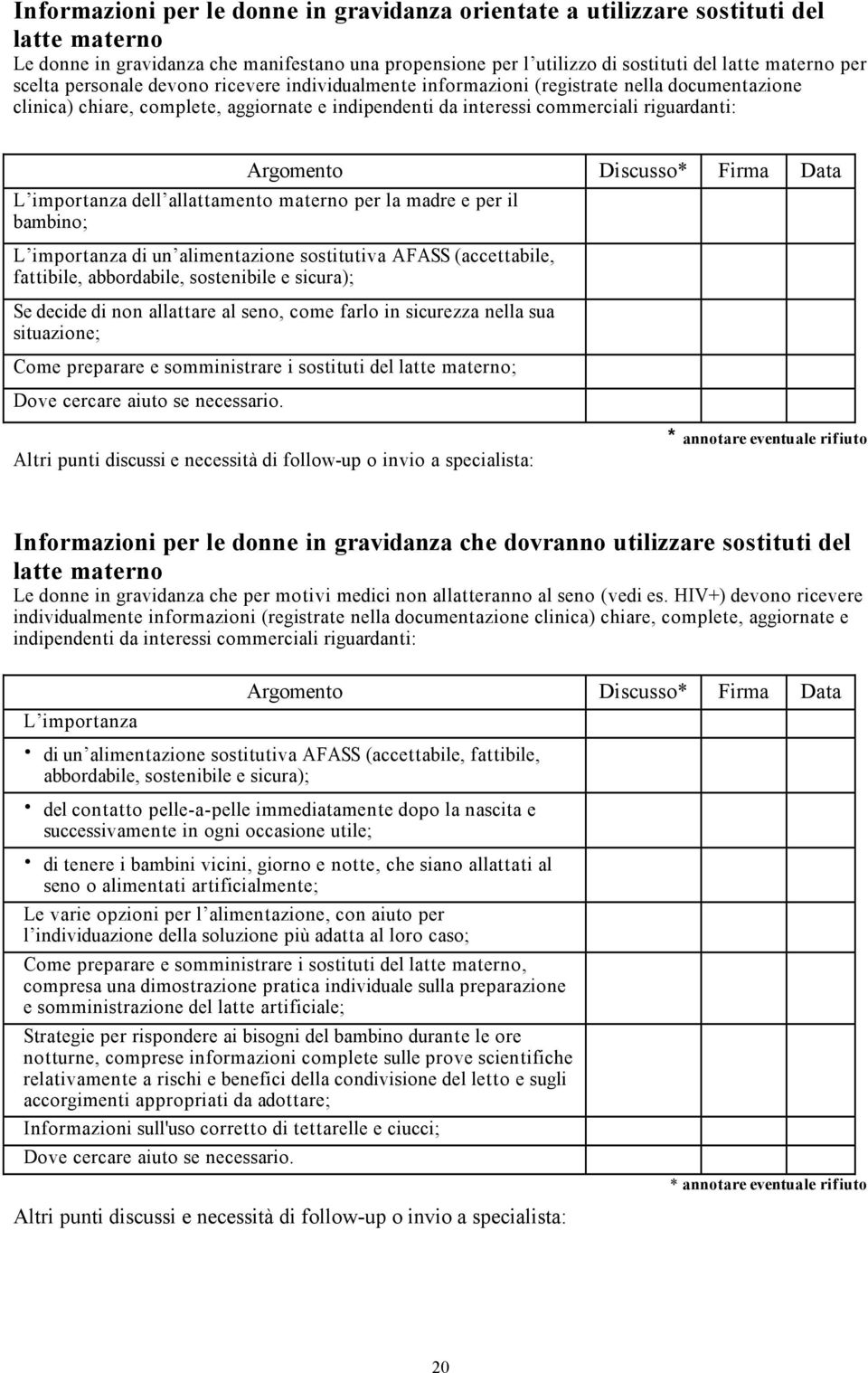 Discusso* Firma Data L importanza dell allattamento materno per la madre e per il bambino; L importanza di un alimentazione sostitutiva AFASS (accettabile, fattibile, abbordabile, sostenibile e