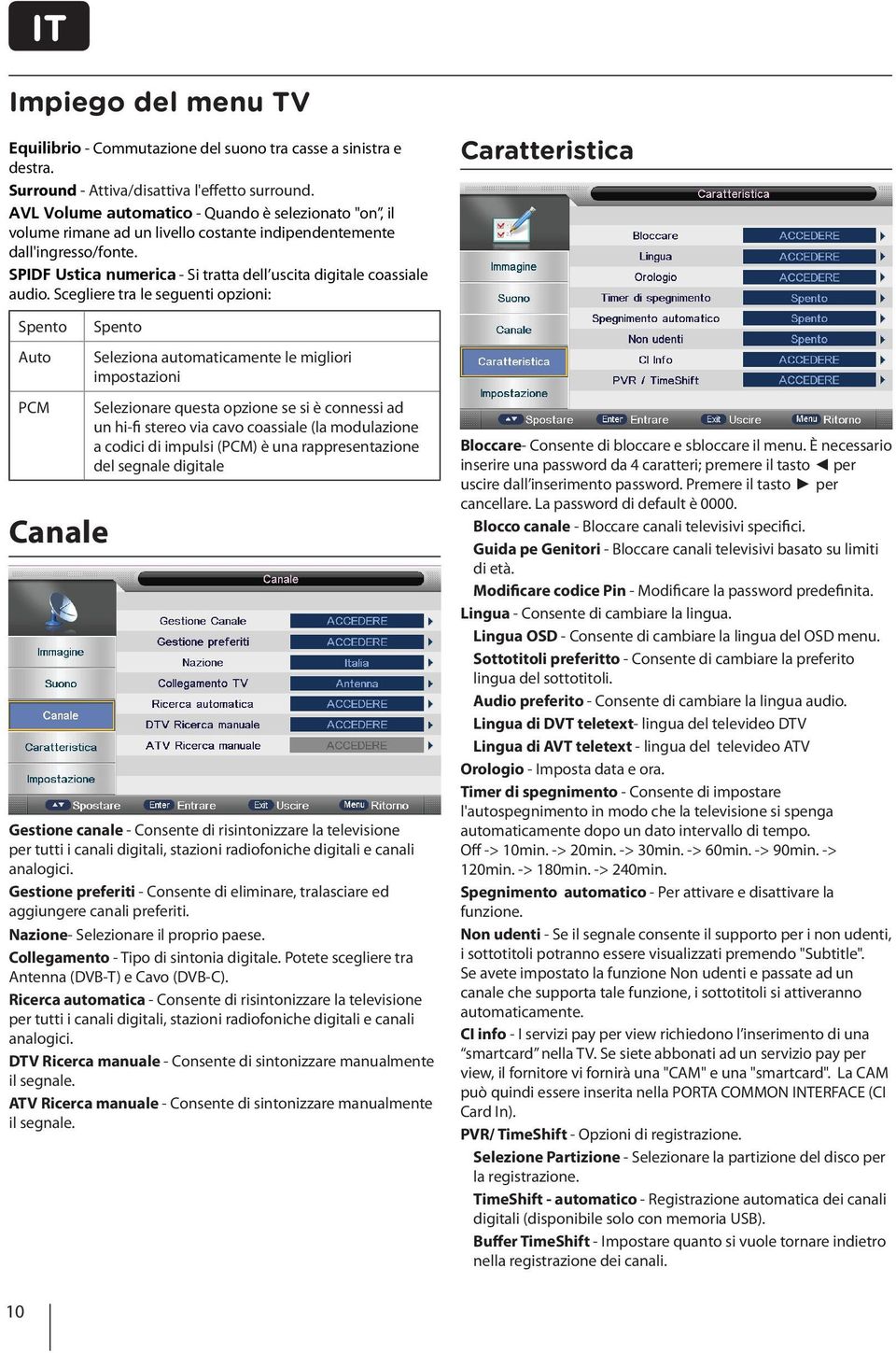 Scegliere tra le seguenti opzioni: Caratteristica Spento Auto Spento Seleziona automaticamente le migliori impostazioni PCM Canale Selezionare questa opzione se si è connessi ad un hi-fi stereo via