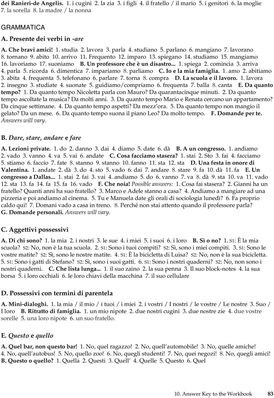 Un professore che è un disastro... 1. spiega 2. comincia 3. arriva 4. parla 5. ricorda 6. dimentica 7. impariamo 8. parliamo C. Io e la mia famiglia. 1. amo 2. abitiamo 3. abita 4. frequenta 5.