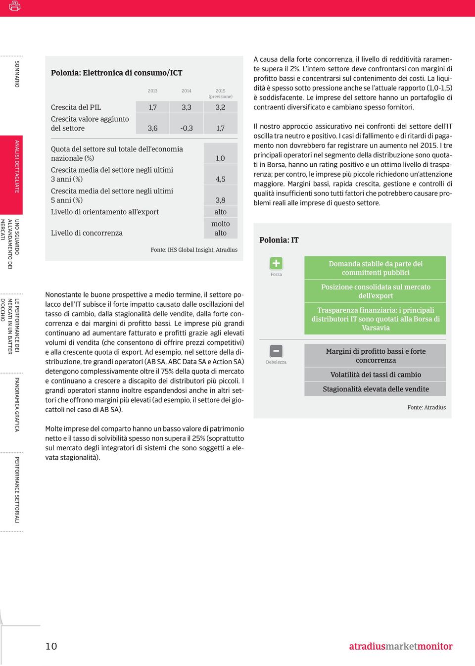 3,8 Livello di orientamento all export alto molto Livello di concorrenza alto Fonte: IHS Global Insight, Atradius Nonostante le buone prospettive a medio termine, il settore polacco dell IT subisce