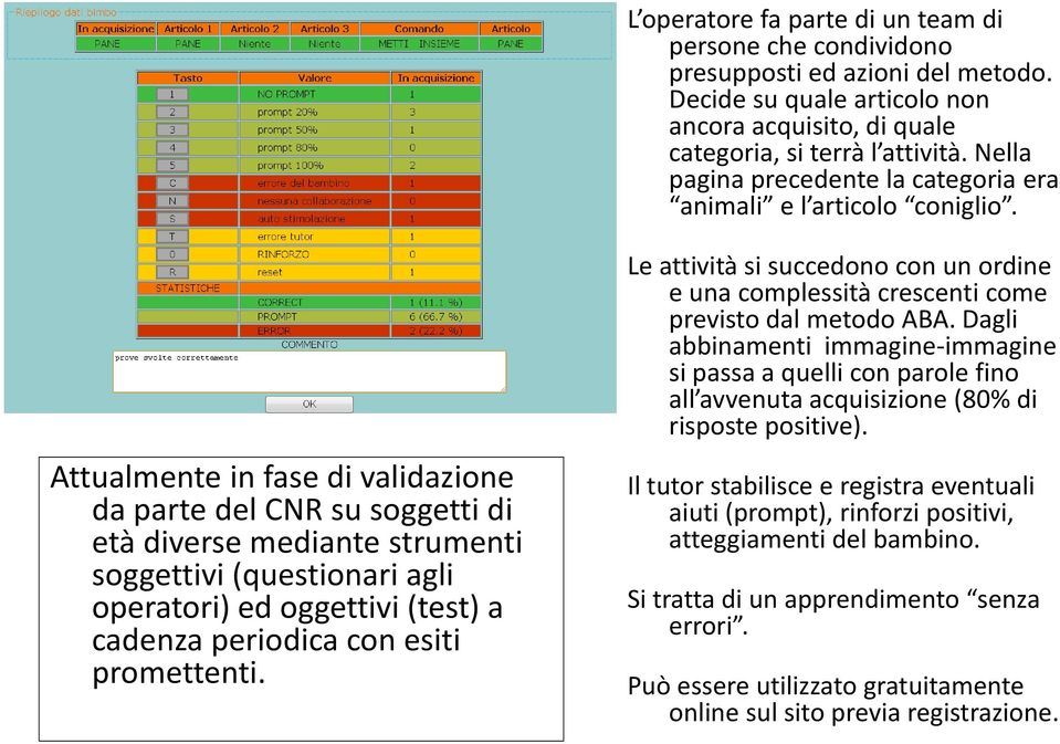 Attualmente in fase di validazione da parte del CNR su soggetti di età diverse mediante strumenti soggettivi (questionari agli operatori) ed oggettivi (test) a cadenza periodica con esiti promettenti.