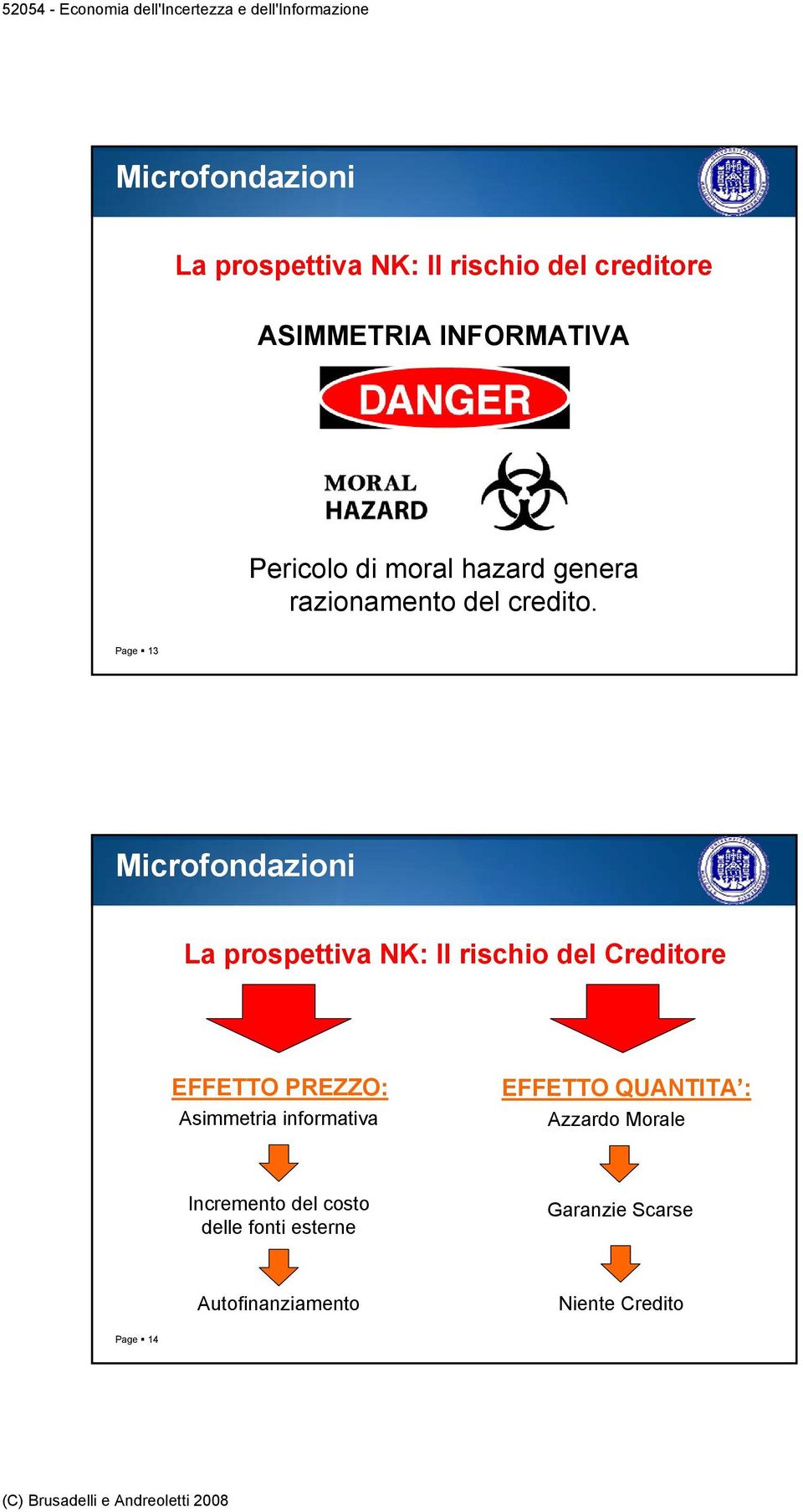 Page 13 Microfondazioni La prospettiva NK: Il rischio del Creditore EFFETTO PREZZO: Asimmetria