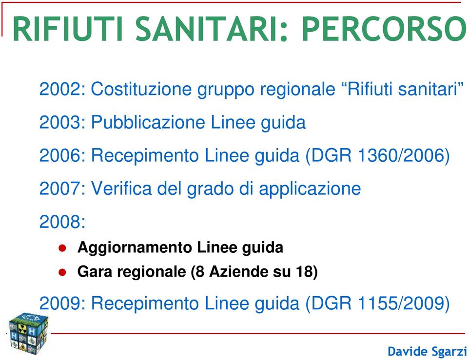 1360/2006) 2007: Verifica del grado di applicazione 2008: Aggiornamento Linee