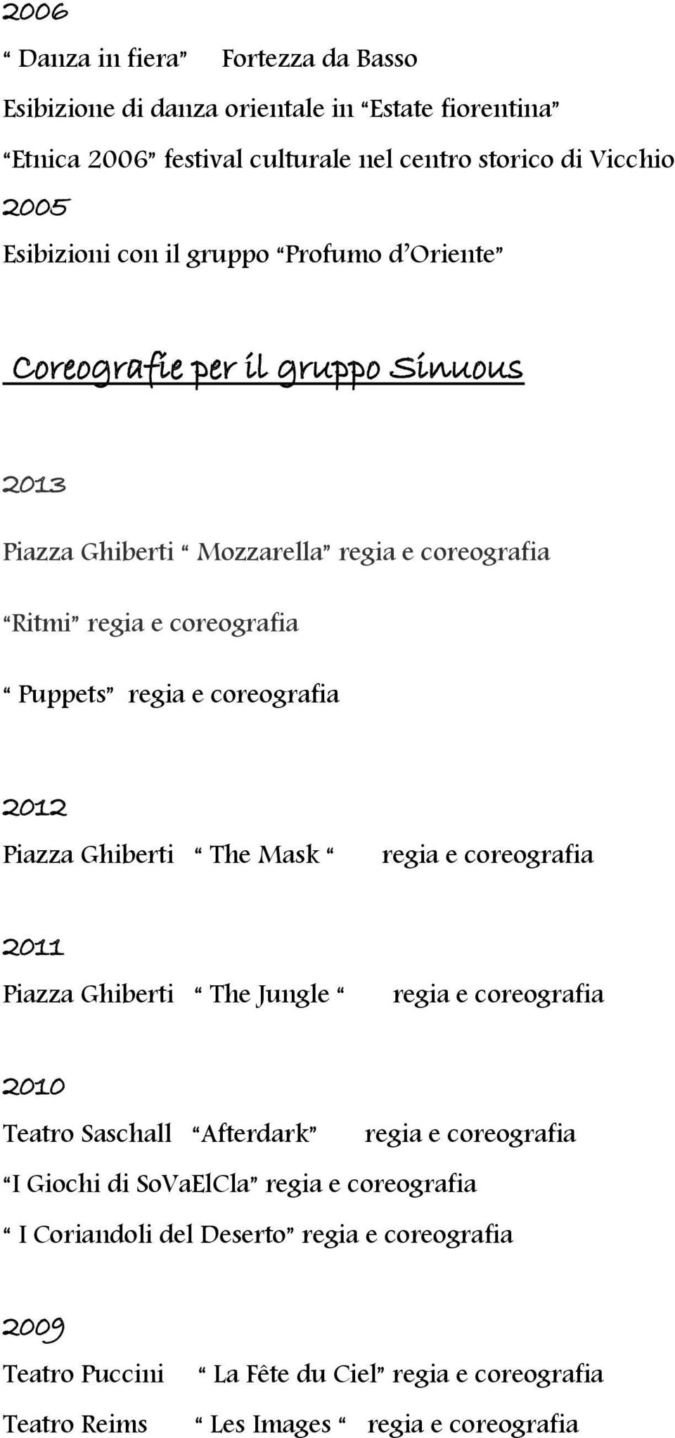 2012 Piazza Ghiberti The Mask regia e coreografia 2011 Piazza Ghiberti The Jungle regia e coreografia 2010 Teatro Saschall Afterdark regia e coreografia I Giochi di