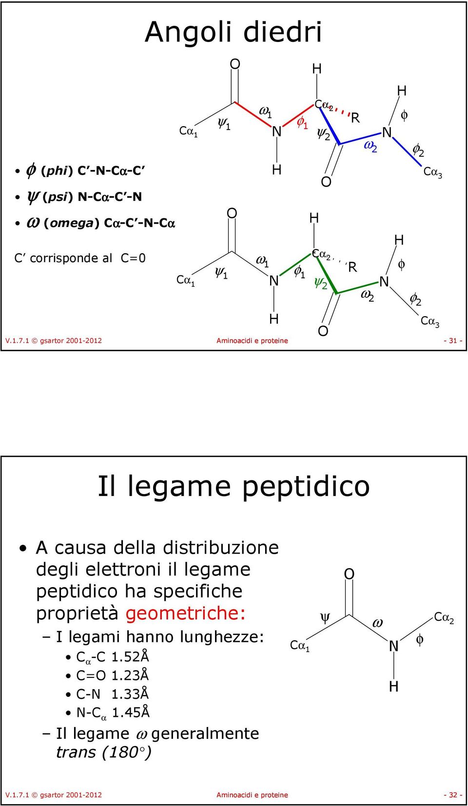 distribuzione degli elettroni il legame peptidico ha specifiche proprietà geometriche: I legami hanno lunghezze: C α -C 1.52Å C= 1.