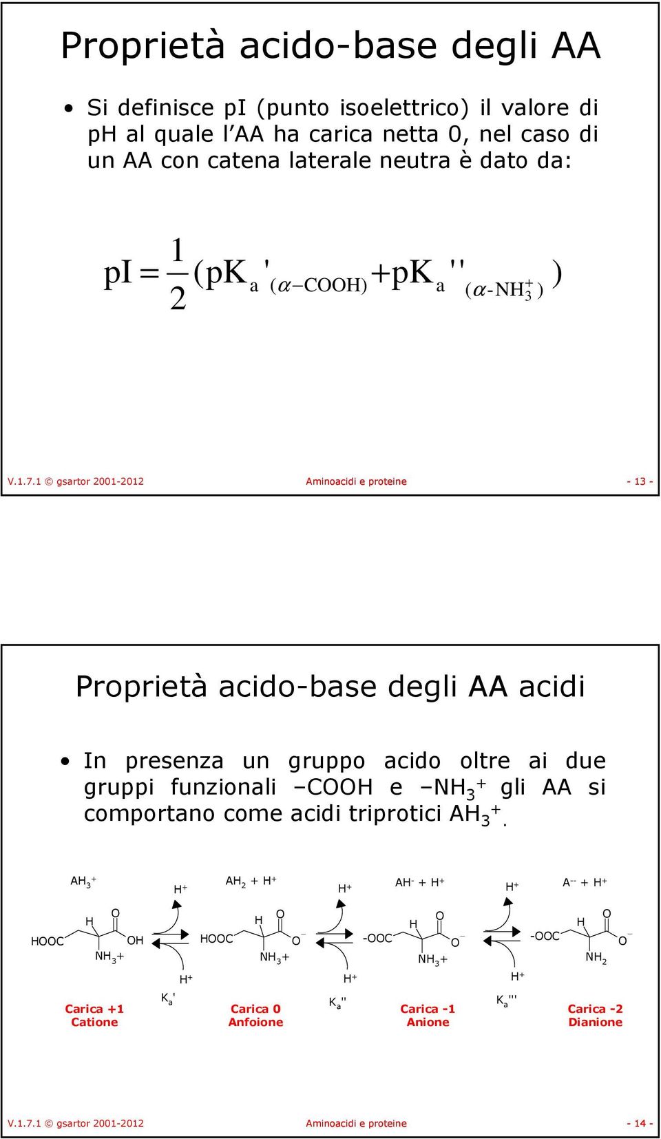 1 gsartor 2001-2012 Aminoacidi e proteine - 13 - Proprietà acido-base degli AA acidi In presenza un gruppo acido oltre ai due gruppi funzionali C e