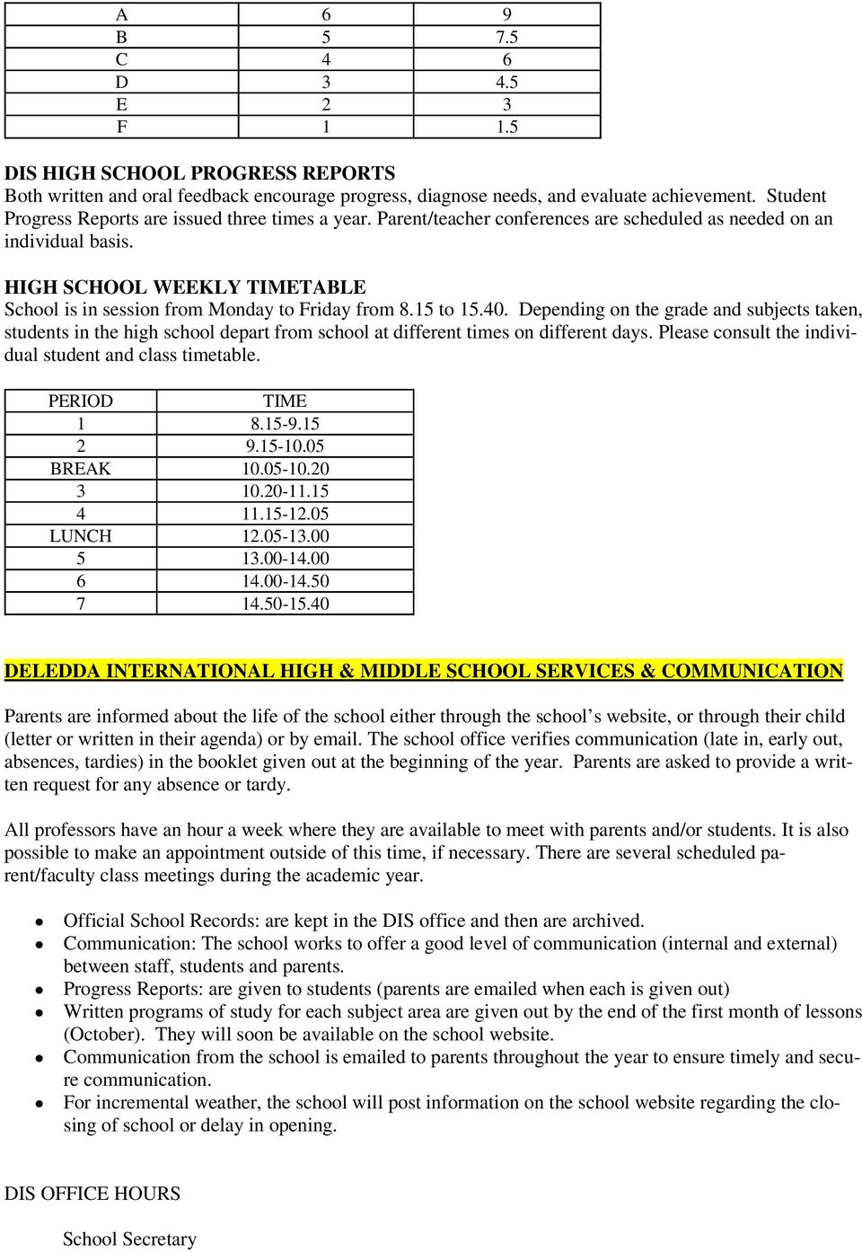 HIGH SCHOOL WEEKLY TIMETABLE School is in session from Monday to Friday from 8.15 to 15.40.