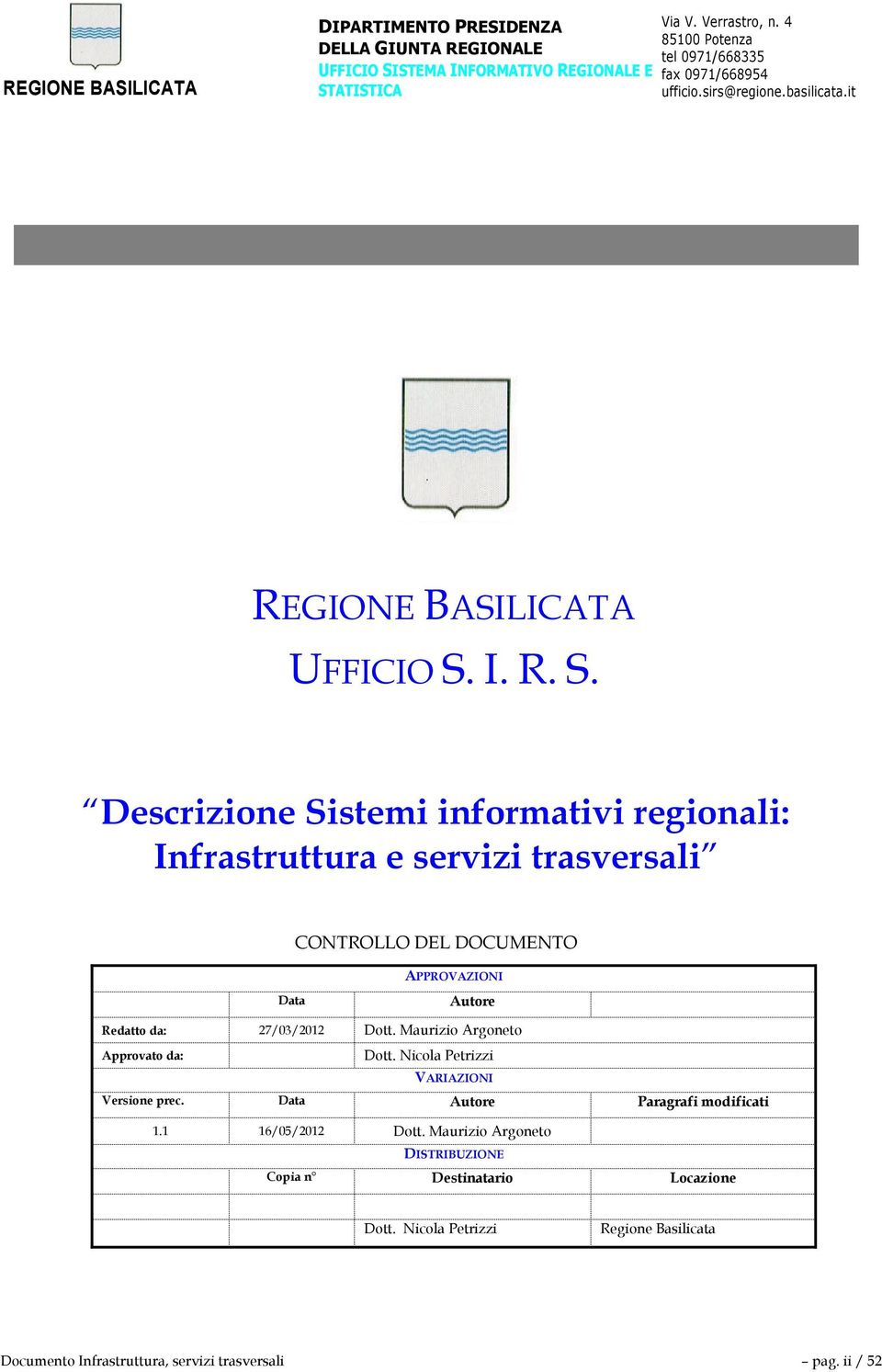 Descrizione Sistemi informativi regionali: Infrastruttura e servizi trasversali CONTROLLO DEL DOCUMENTO Data APPROVAZIONI