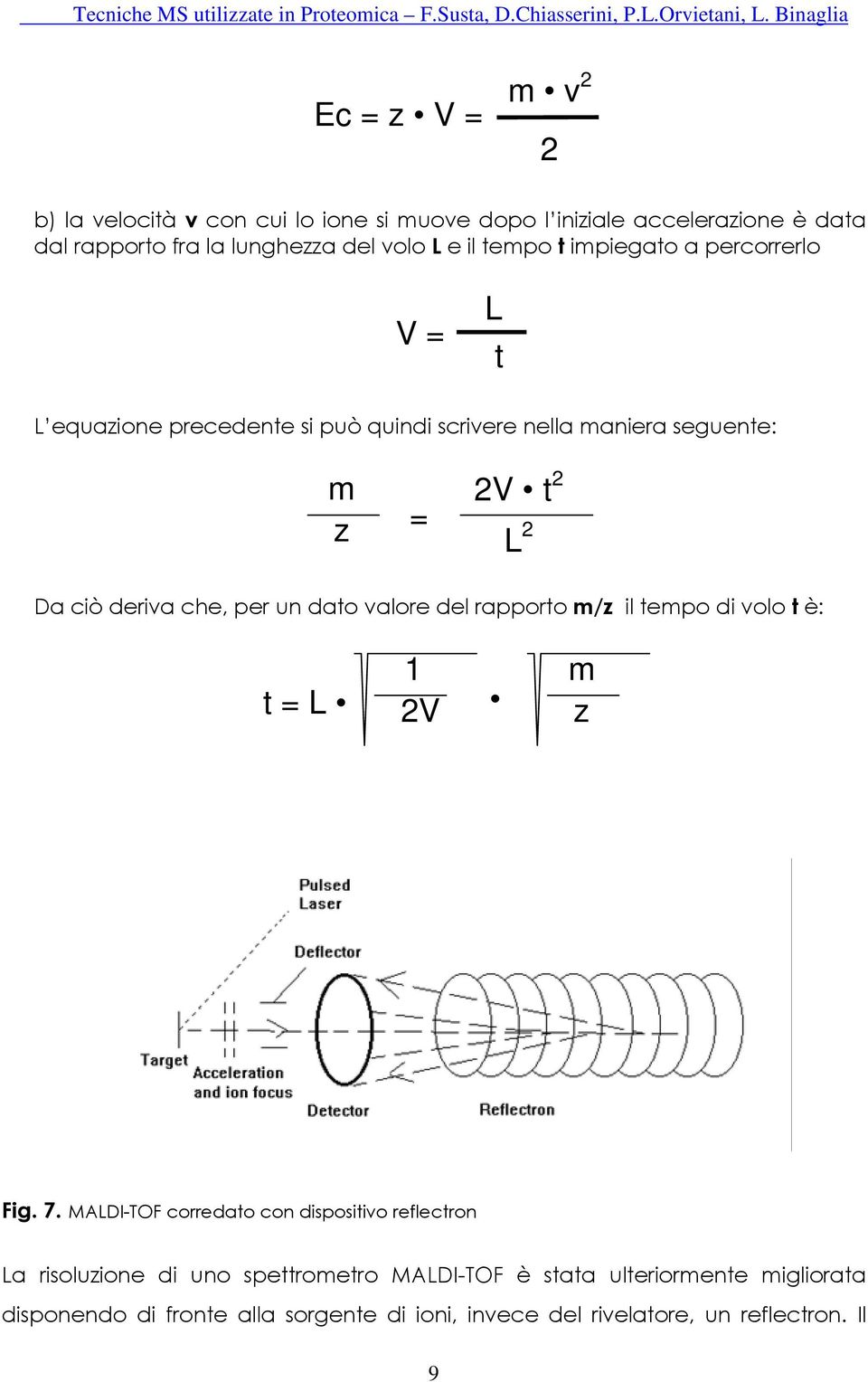 per un dato valore del rapporto m/z il tempo di volo t è: t = L 1 2V m z Fig. 7.