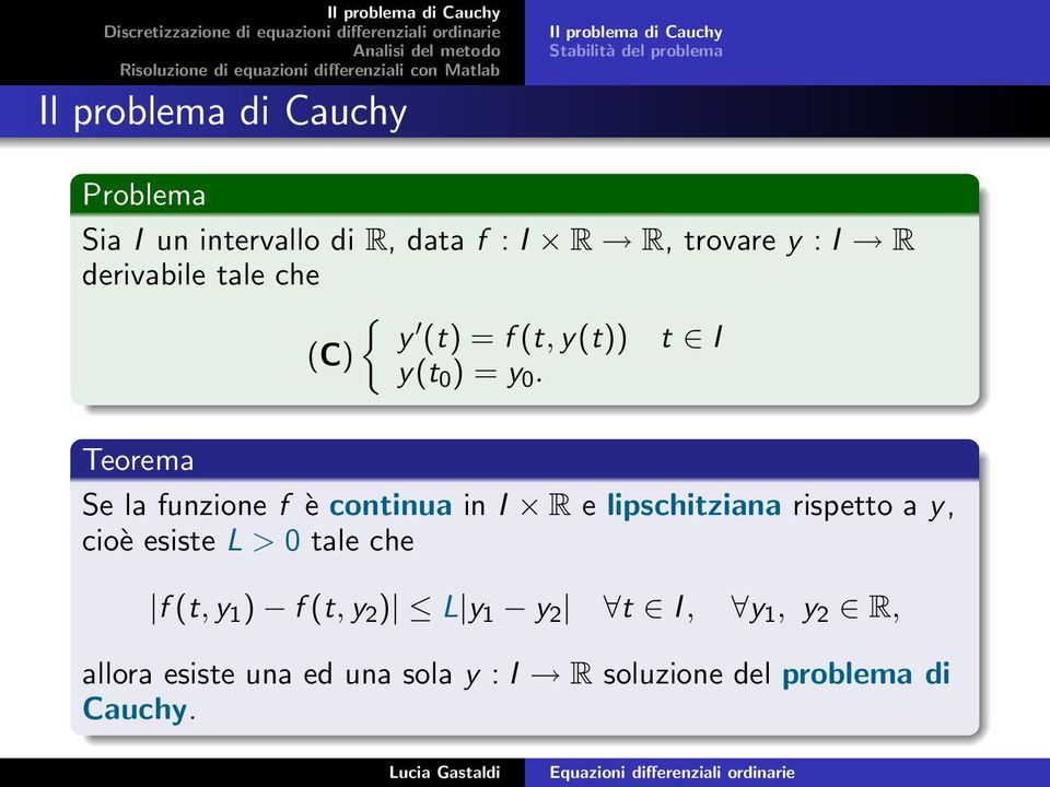 Teorema Se la funzione f è continua in I R e lipschitziana rispetto a y, cioè esiste L > 0 tale che f (t,