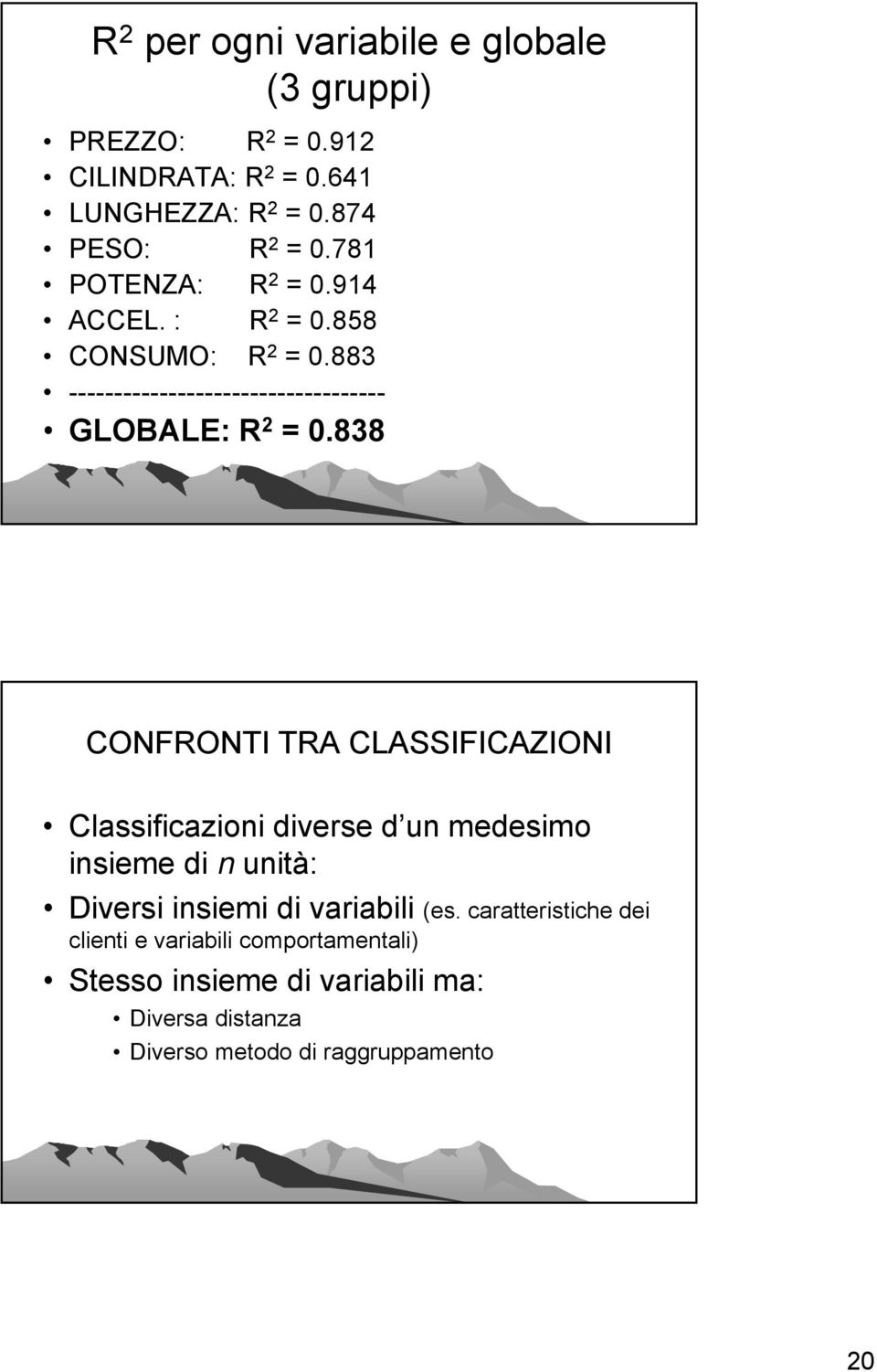 838 CONFRONTI TRA CLASSIFICAZIONI Classificazioni diverse d un medesimo insieme di n unità: Diversi insiemi di variabili (es.