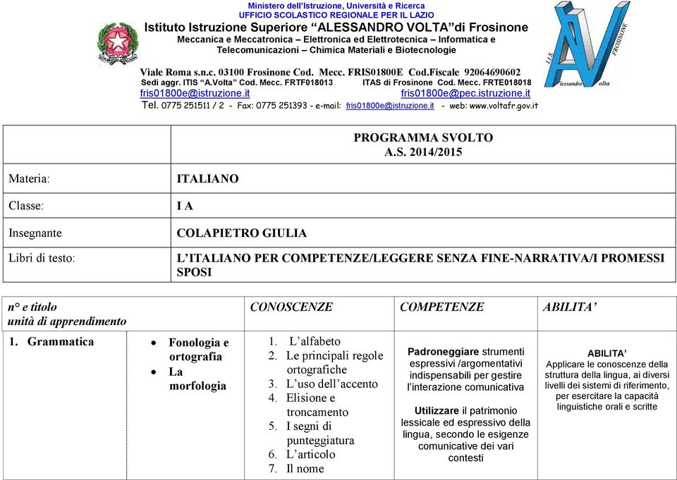 2014/2015 Materia: Classe: Insegnante Libri di testo: ITALIANO I A COLAPIETRO GIULIA L ITALIANO PER COMPETENZE/LEGGERE SENZA FINE-NARRATIVA/I PROMESSI SPOSI n e titolo unità di apprendimento 1.