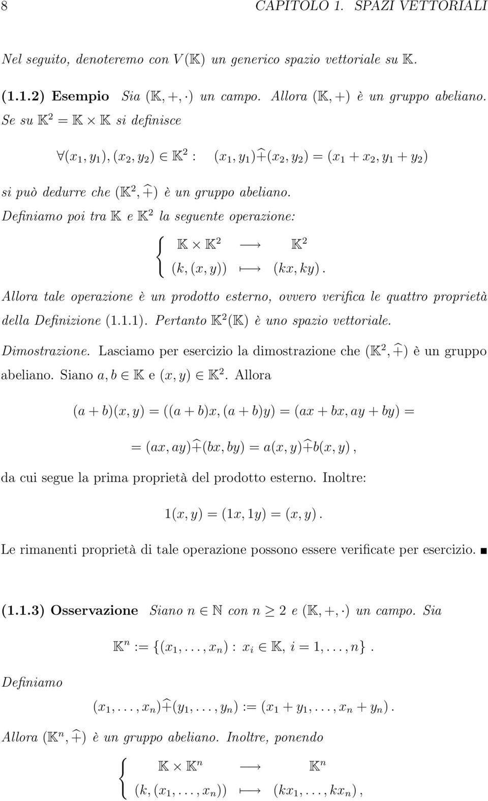 Definiamo poi tra K e K 2 la seguente operazione: { K K 2 K 2 (k, (x,y)) (kx,ky). Allora tale operazione è un prodotto esterno, ovvero verifica le quattro proprietà della Definizione (..). Pertanto K 2 (K) è uno spazio vettoriale.