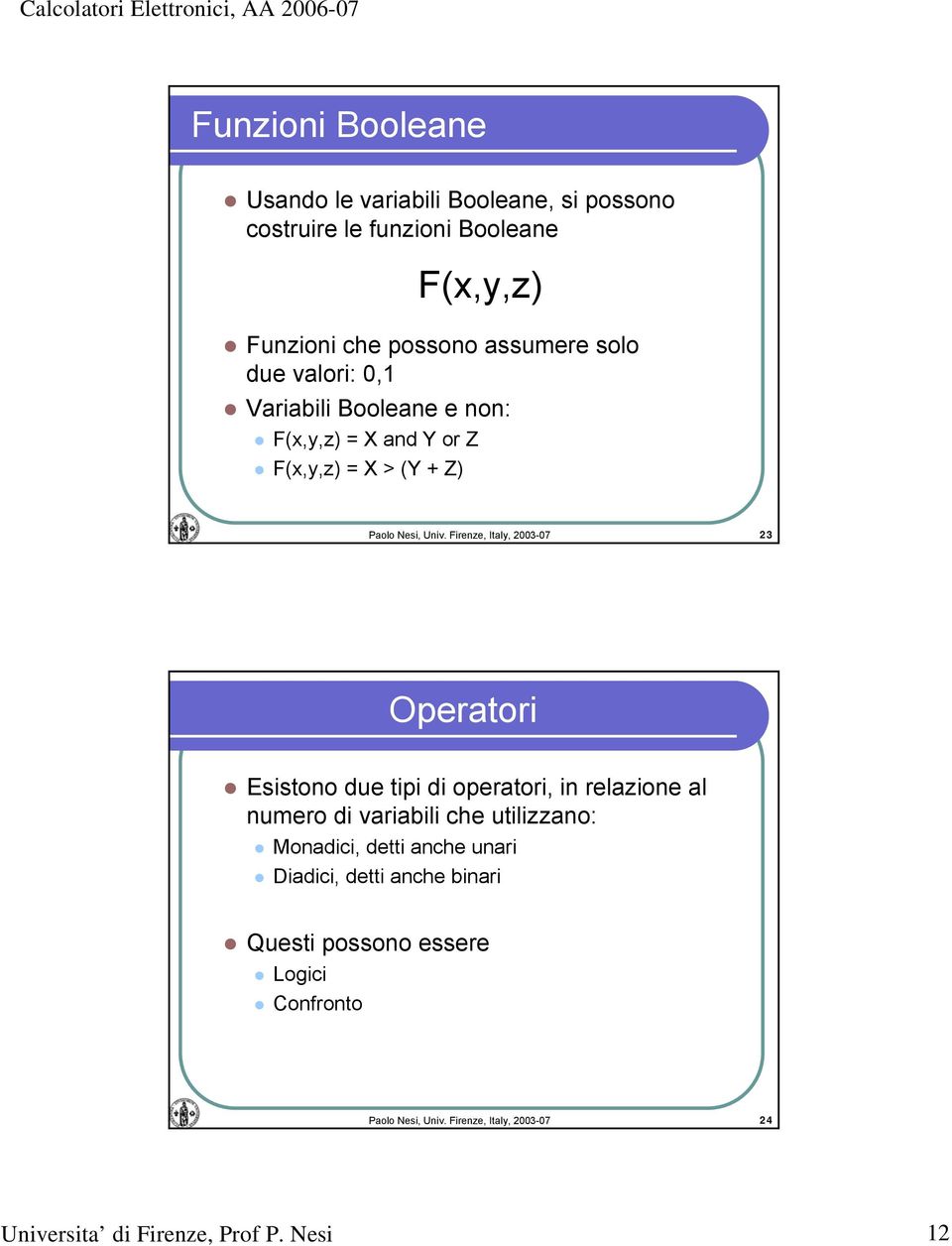 Firenze, Italy, 23-7 23 Operatori Esistono due tipi di operatori, in relazione al numero di variabili che utilizzano: Monadici,