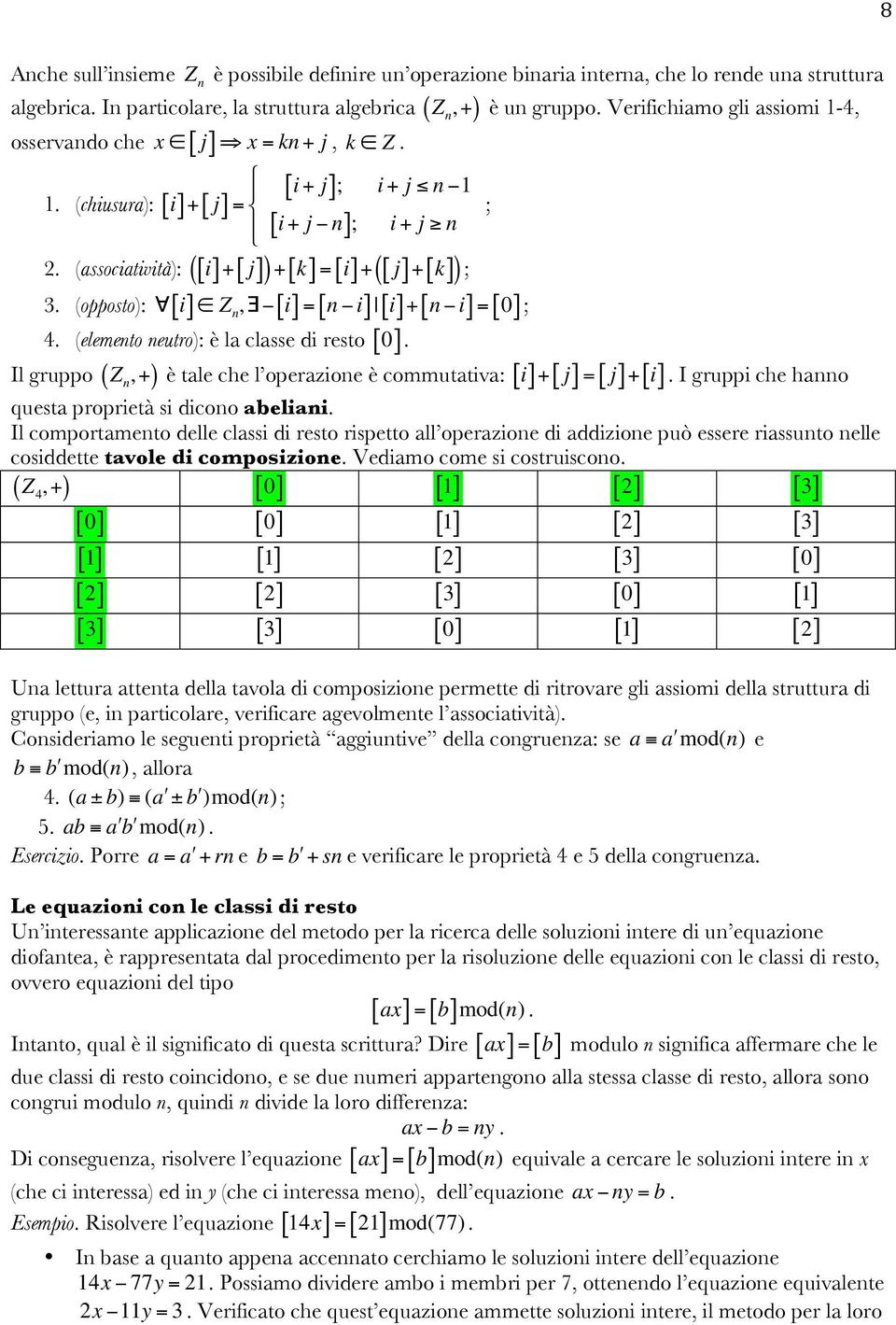 Verifichiamo gli assiomi 1-4, ([ ] + [ j] ) + [ k] = [ i] + ([ j] + [ k] ) ; [ ] Z n, [ i] = [ n i] [ i] + [ n i] = [ 0] ; [ ]. ( ) è tale che l operazione è commutativa: [ i] + [ j] = [ j] + [ i].