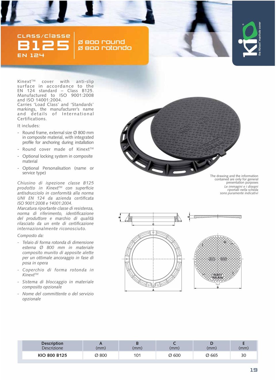 It includes: - Round frame, external size Ø 800 mm in composite material, with integrated profile for anchoring during installation - Round cover made of Kinext TM - Optional locking system in