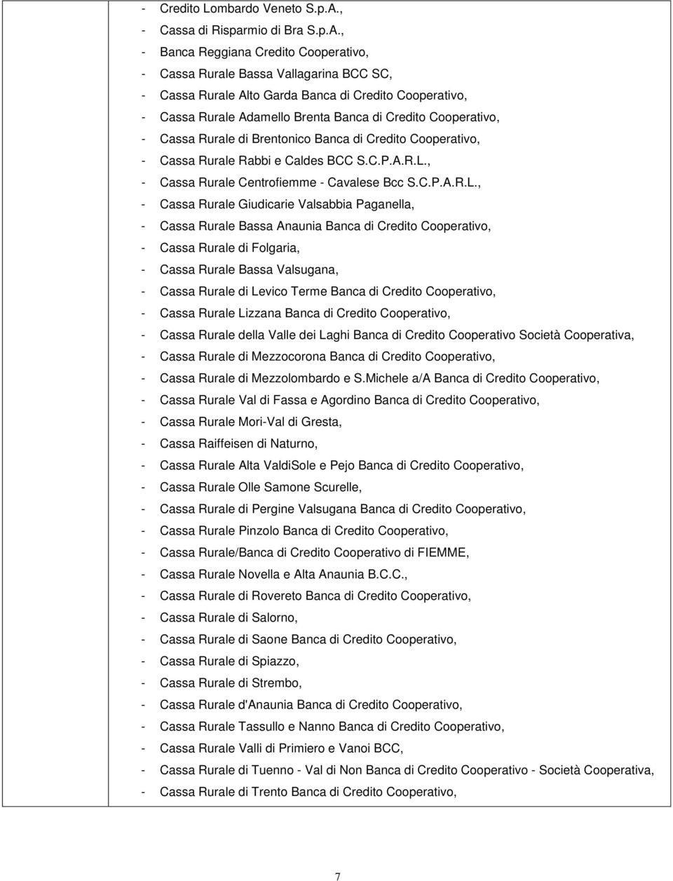 , - Banca Reggiana Credito Cooperativo, - Cassa Rurale Bassa Vallagarina BCC SC, - Cassa Rurale Alto Garda Banca di Credito Cooperativo, - Cassa Rurale Adamello Brenta Banca di Credito Cooperativo, -