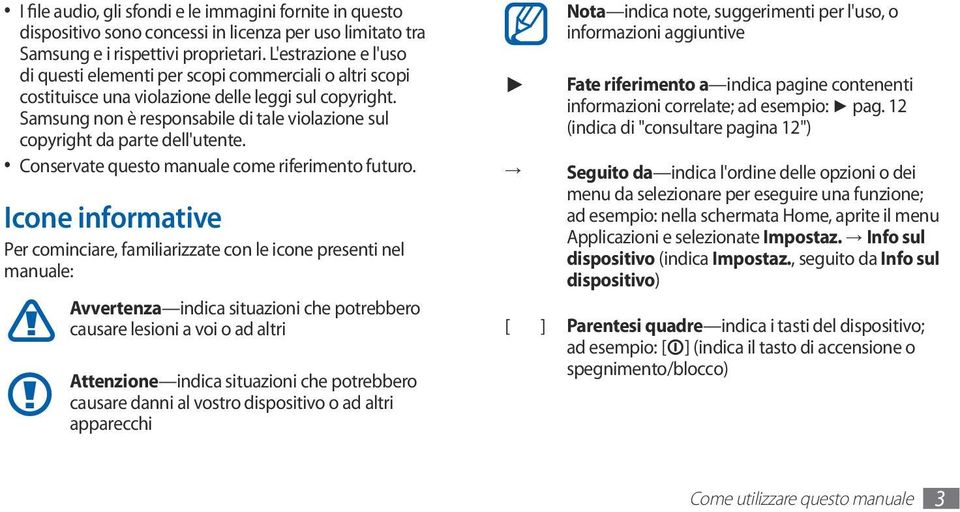 Samsung non è responsabile di tale violazione sul copyright da parte dell'utente. Conservate questo manuale come riferimento futuro.