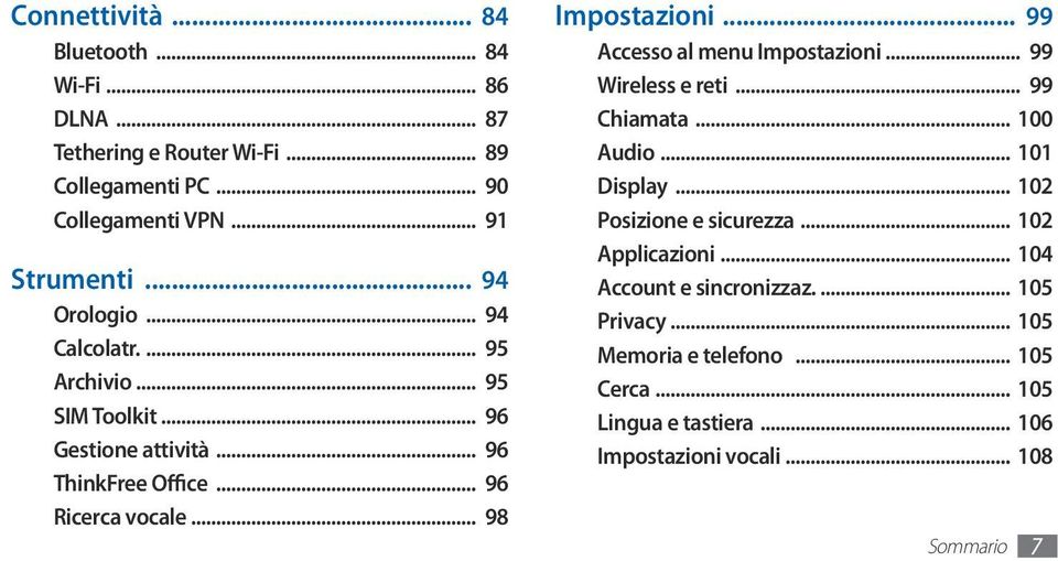 .. 99 Accesso al menu Impostazioni... 99 Wireless e reti... 99 Chiamata... 100 Audio... 101 Display... 102 Posizione e sicurezza... 102 Applicazioni.