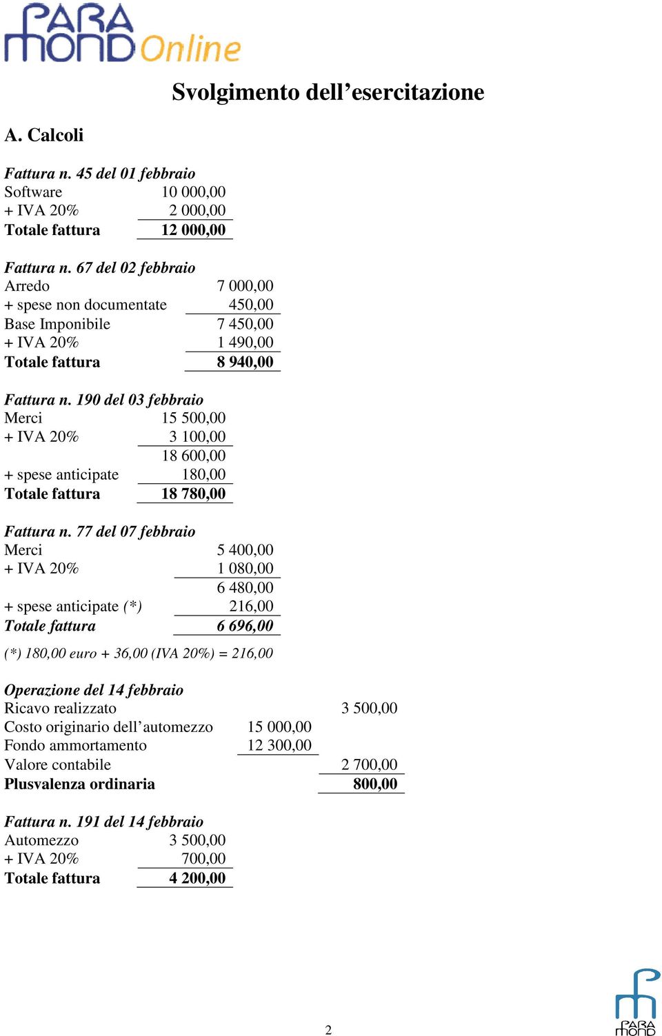 190 del 03 febbraio Merci 15 500,00 + IVA 20% 3 100,00 18 600,00 + spese anticipate 180,00 Totale fattura 18 780,00 Fattura n.