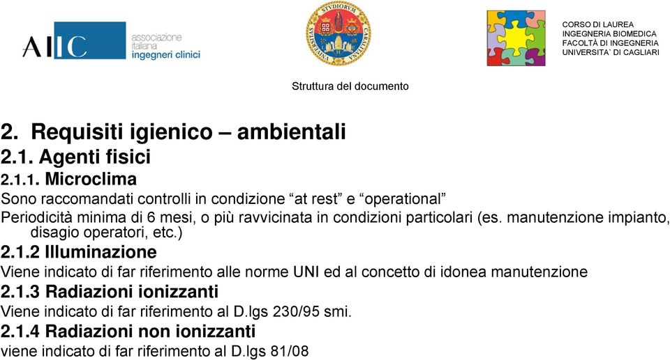 1. Microclima Sono raccomandati controlli in condizione at rest e operational Periodicità minima di 6 mesi, o più ravvicinata in