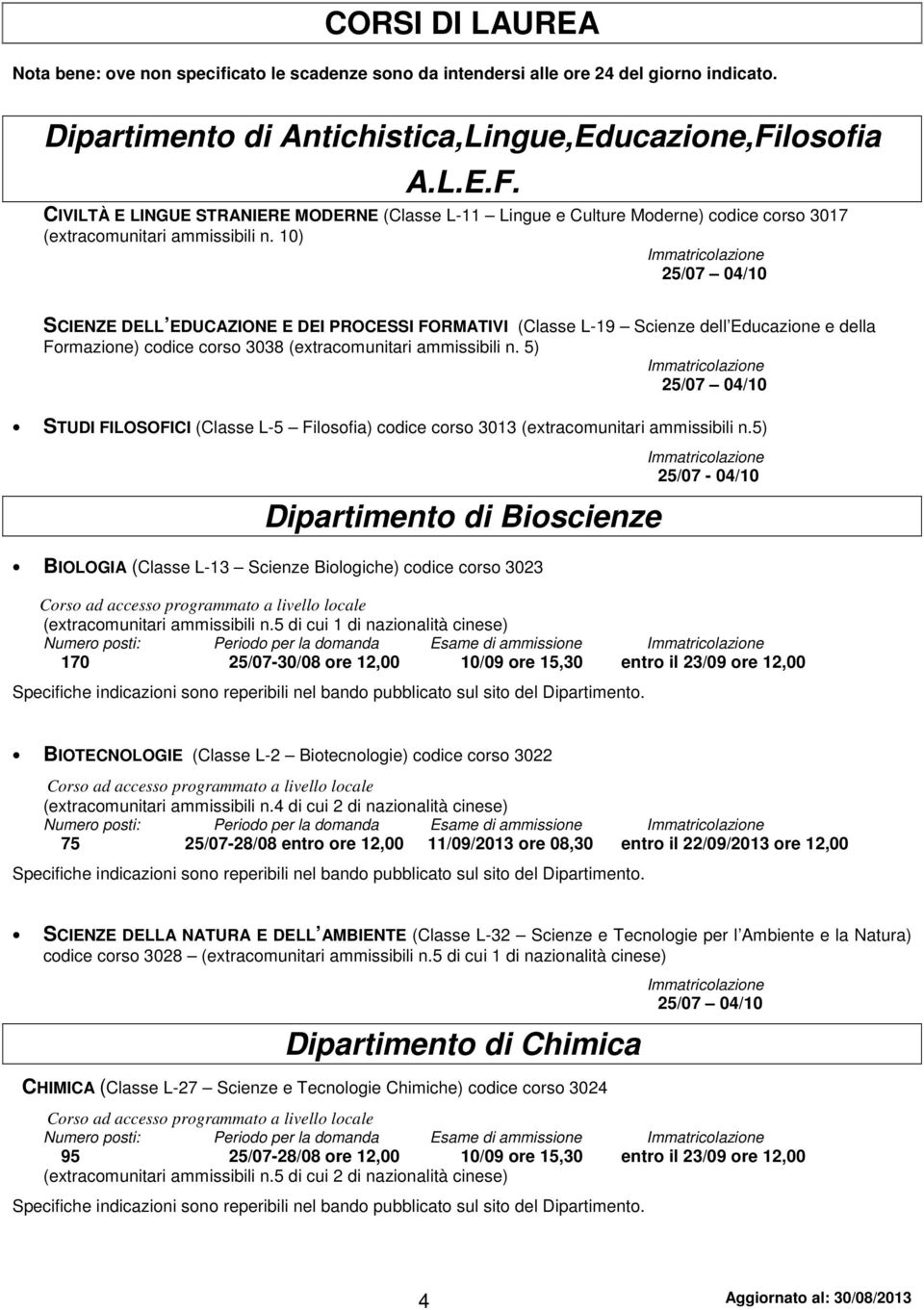 10) 25/07 04/10 SCIENZE DELL EDUCAZIONE E DEI PROCESSI FORMATIVI (Classe L-19 Scienze dell Educazione e della Formazione) codice corso 3038 (extracomunitari ammissibili n.