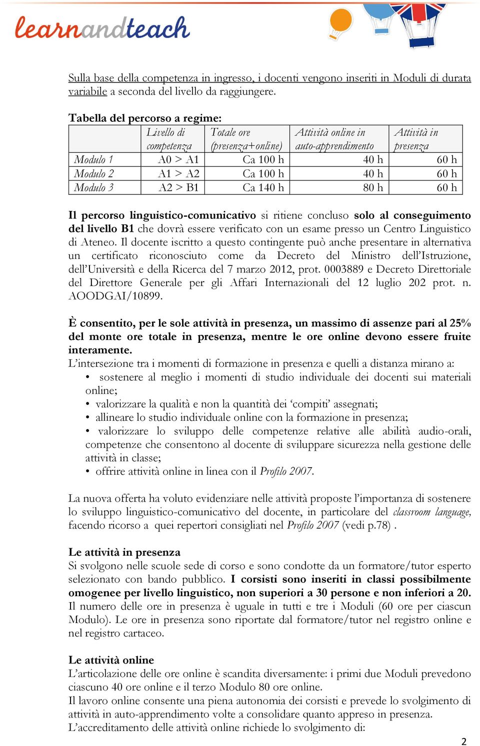 100 h 40 h 60 h Modulo 3 A2 > B1 Ca 140 h 80 h 60 h Il percorso linguistico-comunicativo si ritiene concluso solo al conseguimento del livello B1 che dovrà essere verificato con un esame presso un