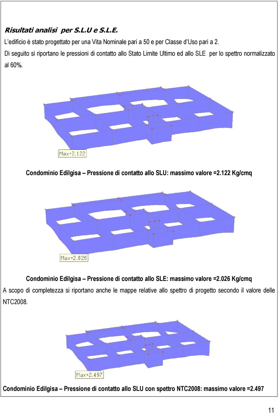 Condominio Edilgisa Pressione di contatto allo SLU: massimo valore =2.122 Kg/cmq Condominio Edilgisa Pressione di contatto allo SLE: massimo valore =2.