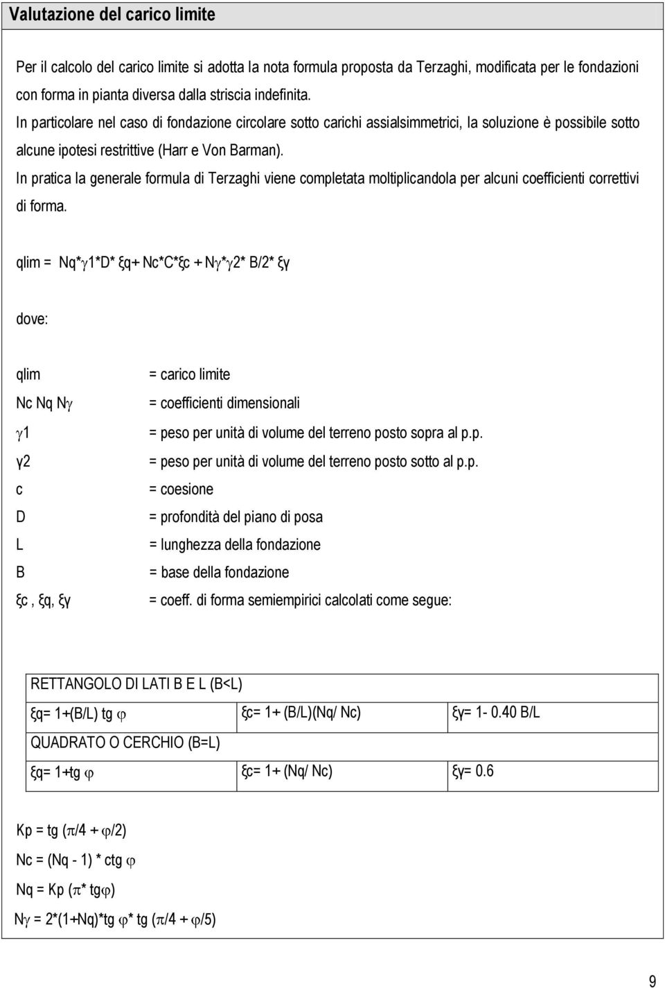 In pratica la generale formula di Terzaghi viene completata moltiplicandola per alcuni coefficienti correttivi di forma.