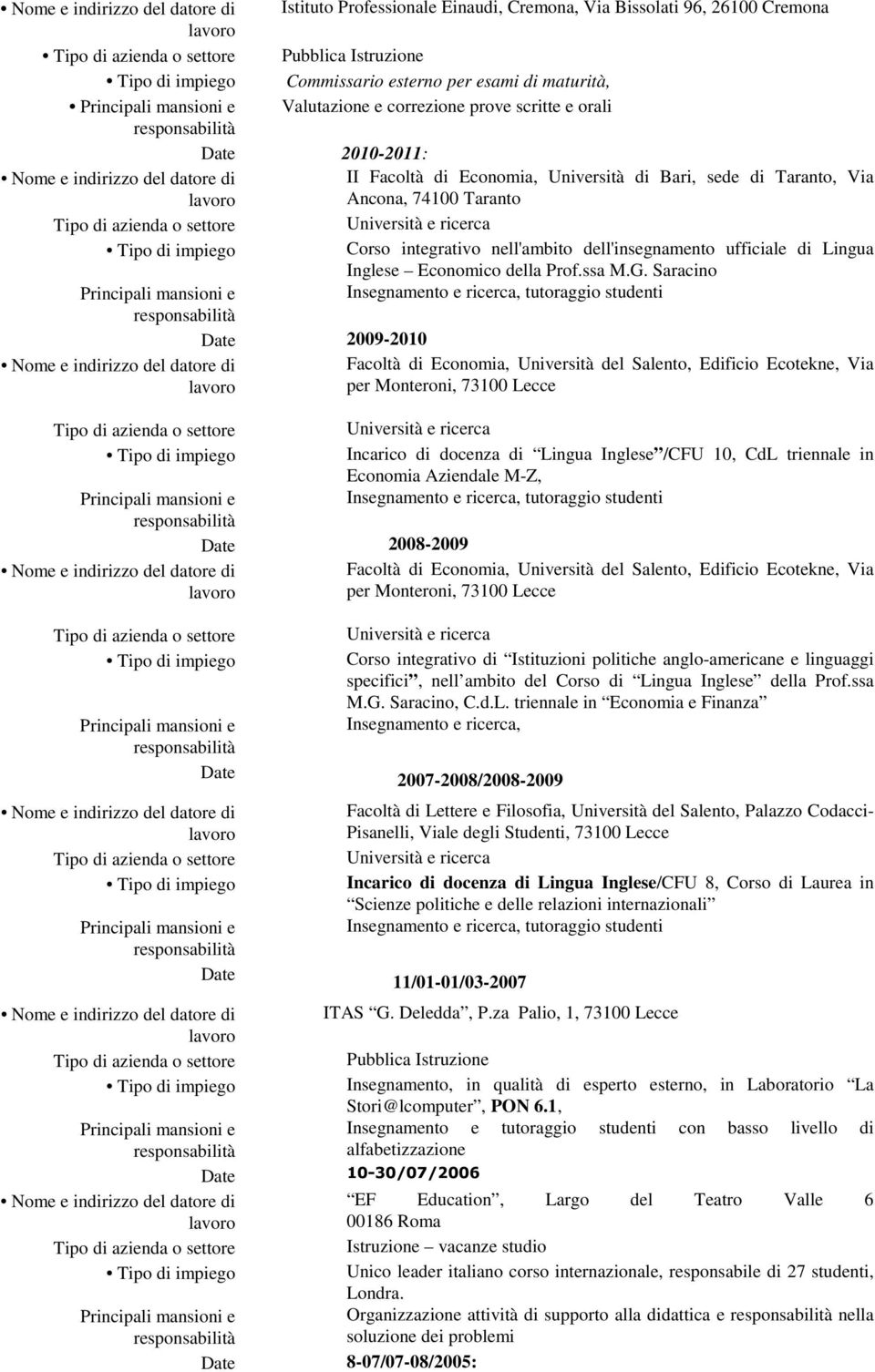 Saracino Insegnamento e ricerca, tutoraggio studenti Date 2009-2010 Facoltà di Economia, Università del Salento, Edificio Ecotekne, Via per Monteroni, 73100 Lecce Incarico di docenza di Lingua