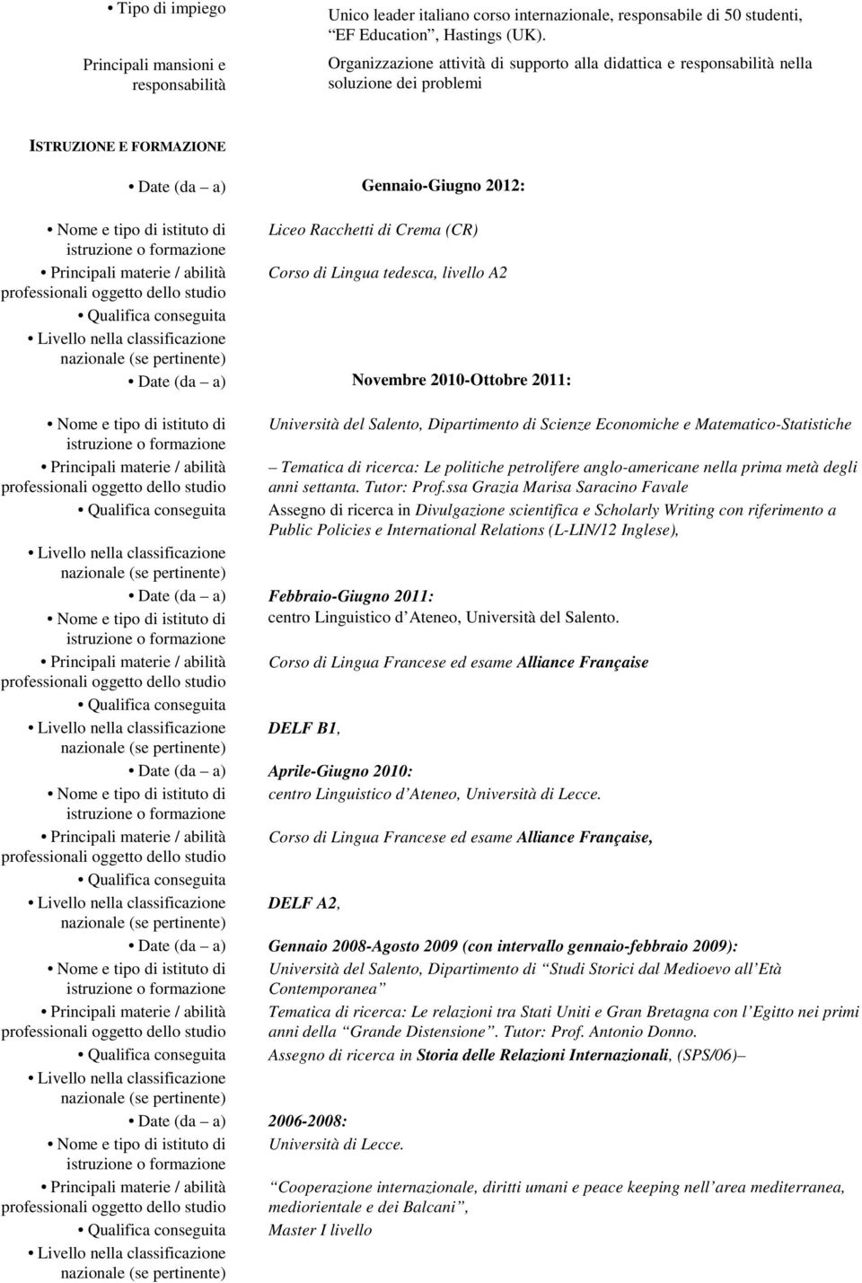 Corso di Lingua tedesca, livello A2 Date (da a) Novembre 2010-Ottobre 2011: Nome e tipo di istituto di Università del Salento, Dipartimento di Scienze Economiche e Matematico-Statistiche Tematica di