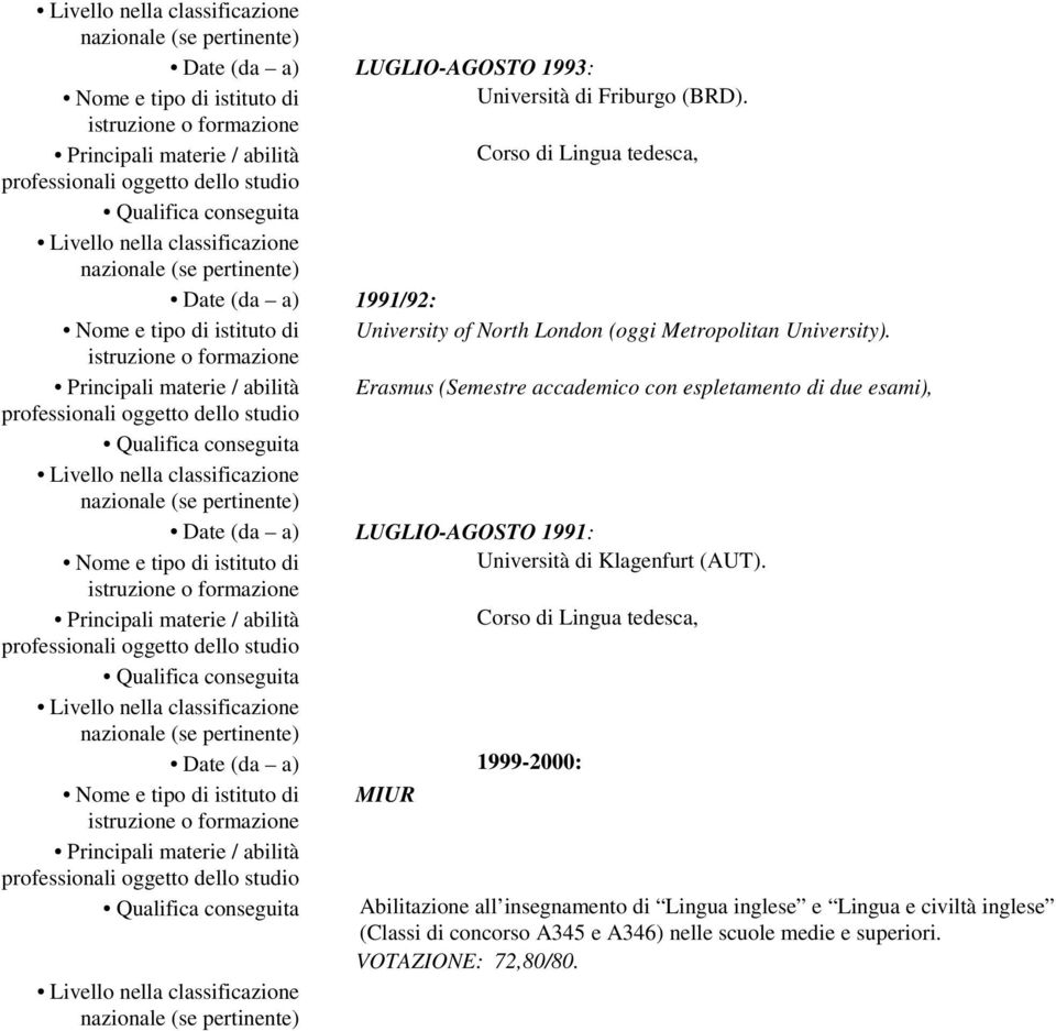 Erasmus (Semestre accademico con espletamento di due esami), Date (da a) LUGLIO-AGOSTO 1991: Nome e tipo di istituto di Università di Klagenfurt (AUT).