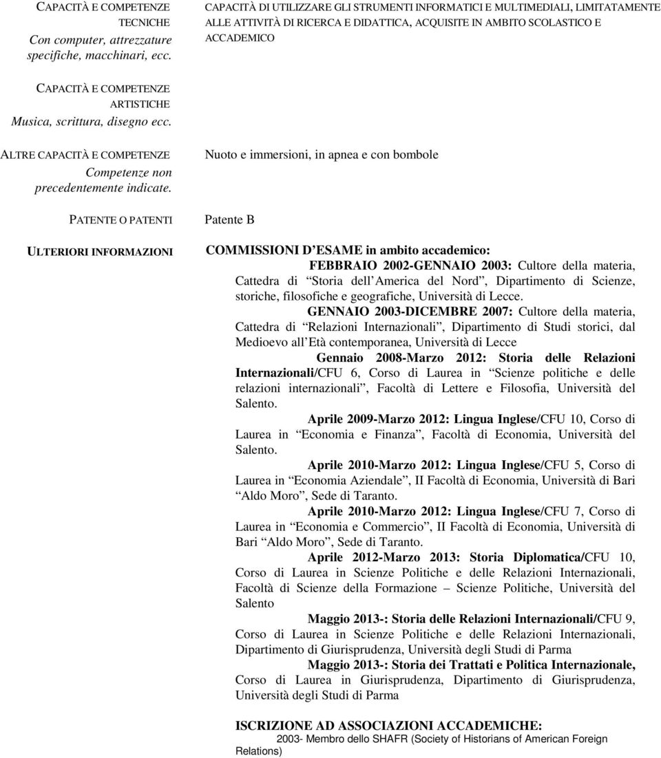 Musica, scrittura, disegno ecc. ALTRE CAPACITÀ E COMPETENZE Competenze non precedentemente indicate.