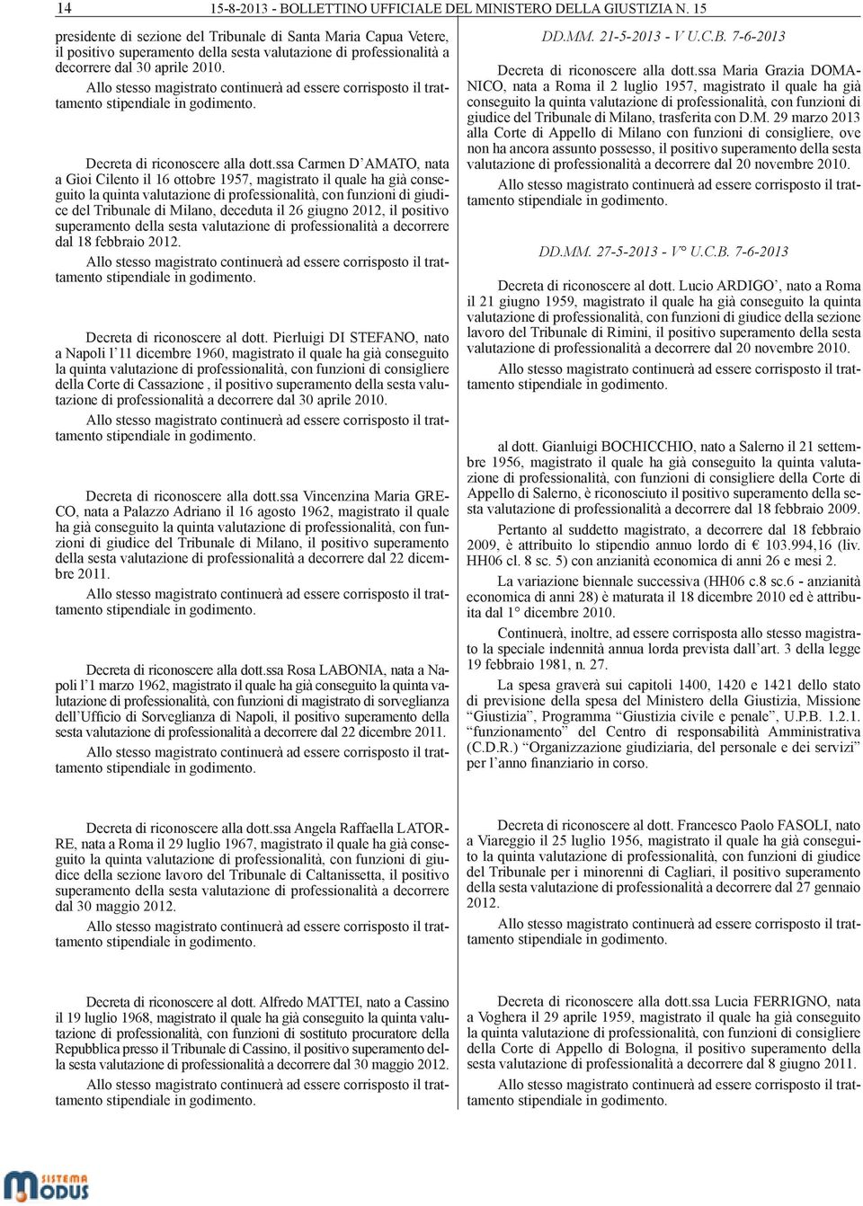 ssa Carmen D AMATO, nata a Gioi Cilento il 16 ottobre 1957, magistrato il quale ha già conseguito la quinta valutazione di professionalità, con funzioni di giudice del Tribunale di Milano, deceduta