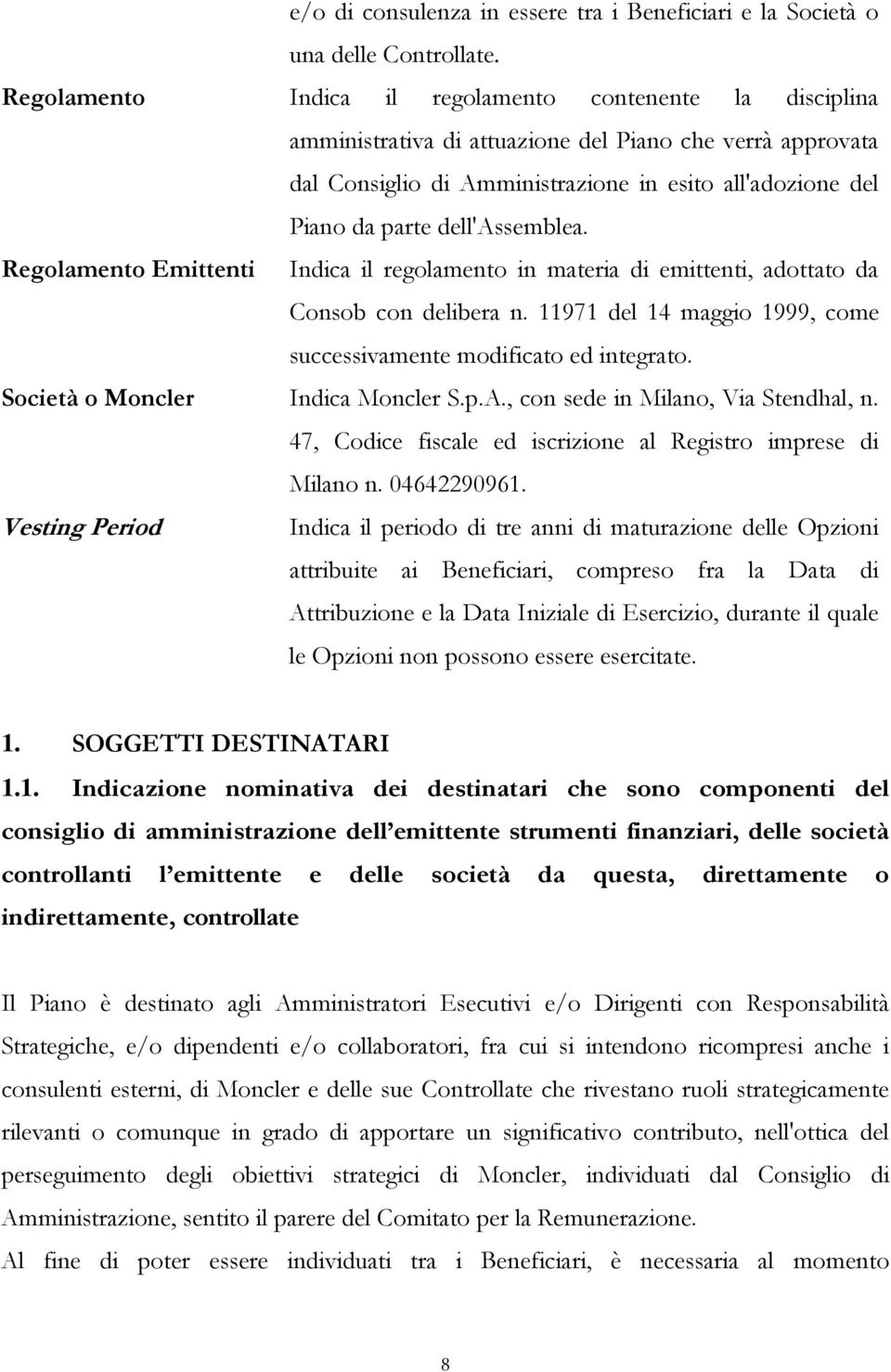 Indica il regolamento in materia di emittenti, adottato da Consob con delibera n. 11971 del 14 maggio 1999, come successivamente modificato ed integrato. Indica Moncler S.p.A.