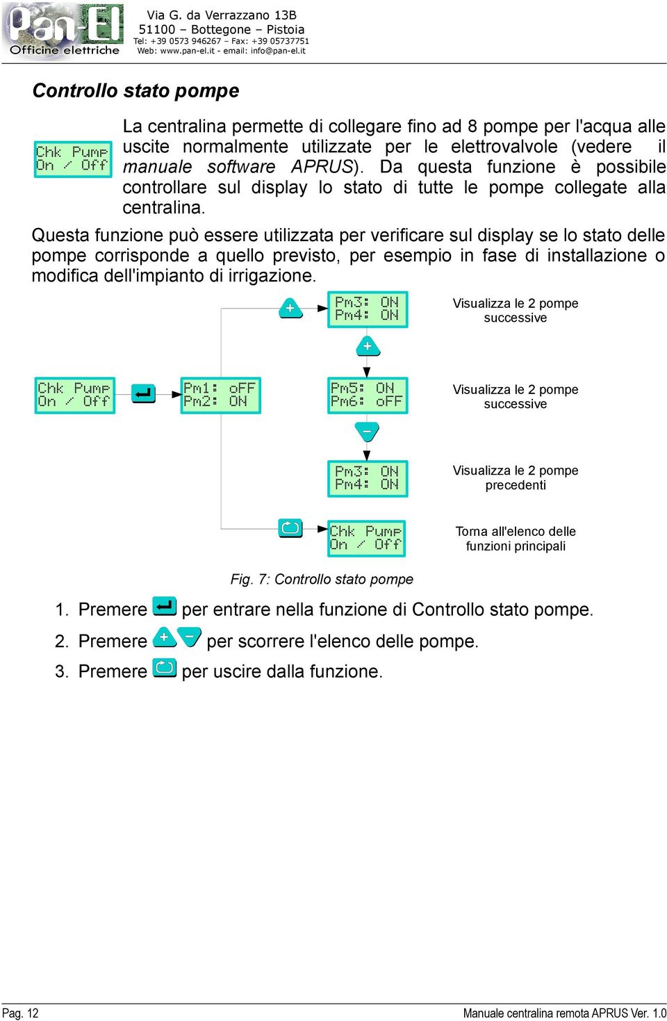 Questa funzione può essere utilizzata per verificare sul display se lo stato delle pompe corrisponde a quello previsto, per esempio in fase di installazione o modifica dell'impianto di irrigazione.