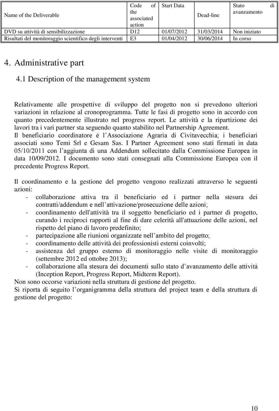 1 Description of the management system Relativamente alle prospettive di sviluppo del progetto non si prevedono ulteriori variazioni in relazione al cronoprogramma.