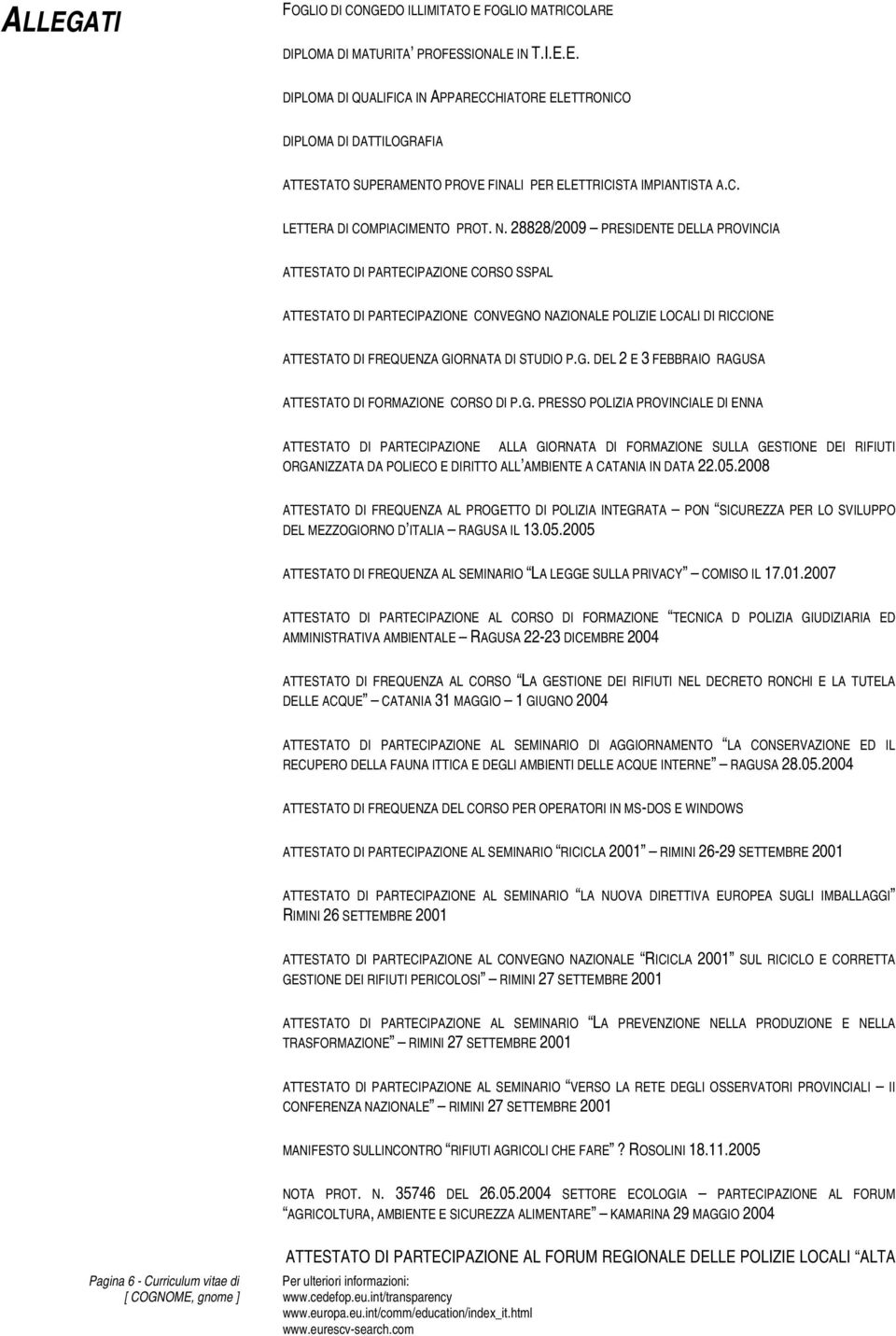 28828/2009 PRESIDENTE DELLA PROVINCIA ATTESTATO DI PARTECIPAZIONE CORSO SSPAL ATTESTATO DI PARTECIPAZIONE CONVEGNO NAZIONALE POLIZIE LOCALI DI RICCIONE ATTESTATO DI FREQUENZA GIORNATA DI STUDIO P.G. DEL 2 E 3 FEBBRAIO RAGUSA ATTESTATO DI FORMAZIONE CORSO DI P.