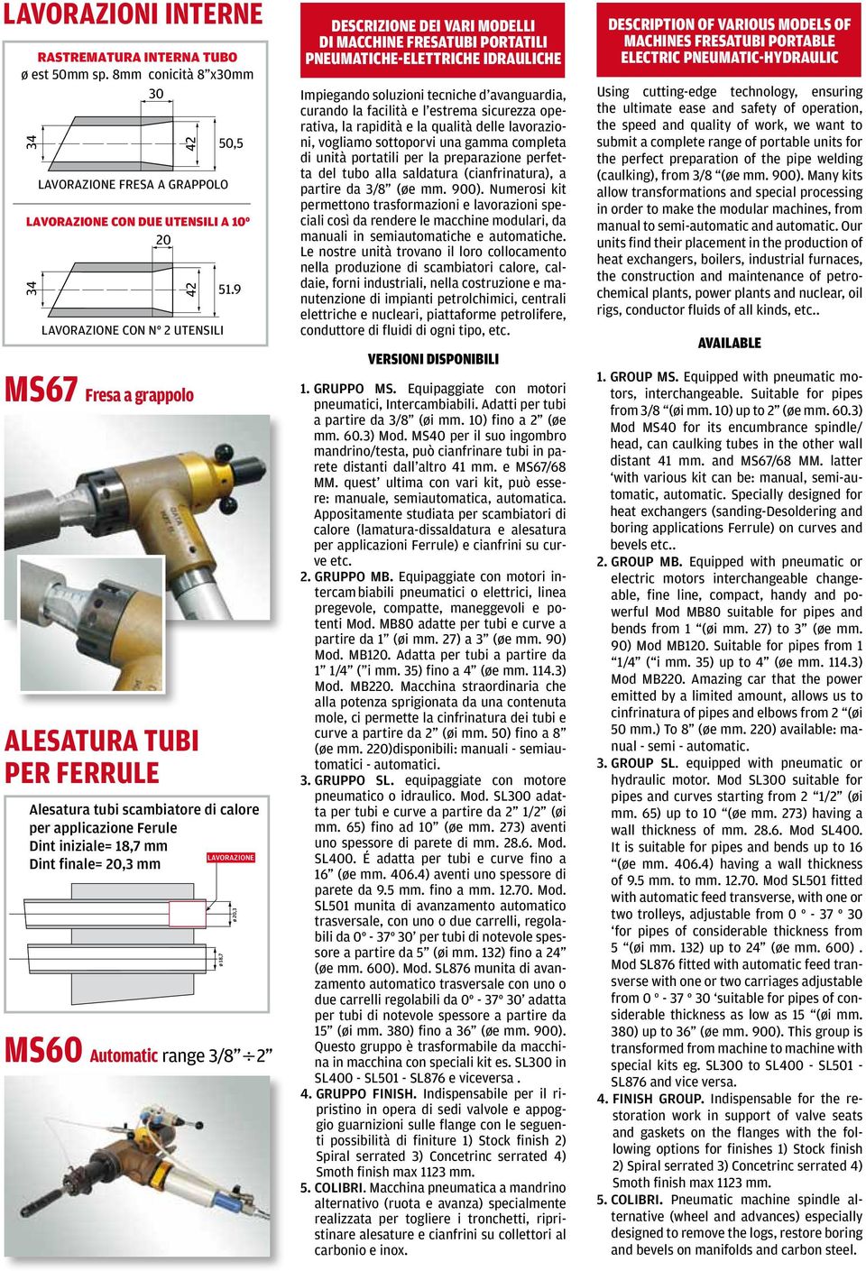 9 Alesatura tubi scambiatore di calore per applicazione Ferule Dint iniziale= 18,7 mm LAVORAZIONE Dint finale= 20,3 mm MS60 Automatic range 3/8 2 ø 18,7 ø 20,3 DESCRIZIONE DEI VARI MODELLI DI