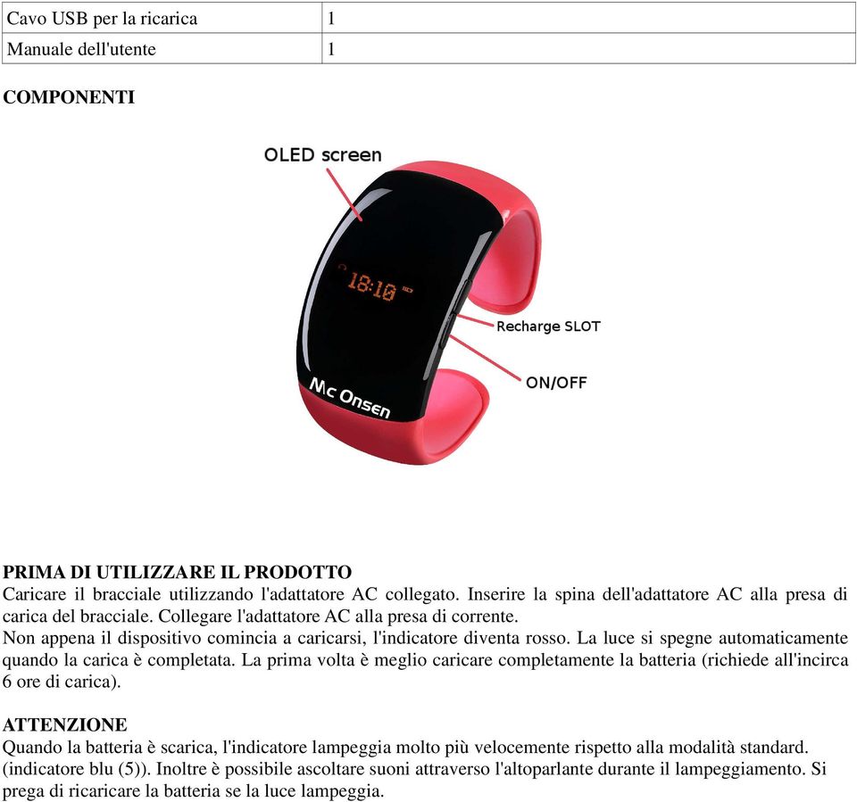 La luce si spegne automaticamente quando la carica è completata. La prima volta è meglio caricare completamente la batteria (richiede all'incirca 6 ore di carica).