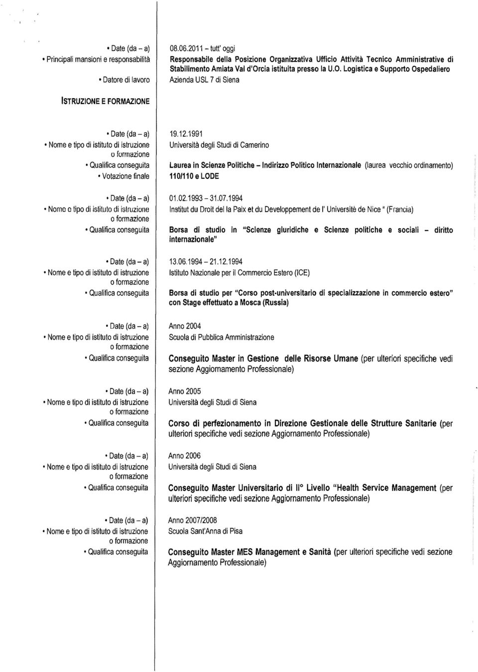 1991 Università degli Studi di Camerino Laurea in Scienze Politiche -Indirizzo Politico Internazionale (laurea vecchio ordinamento) 110/110 e LODE 01.02.1993-31.07.