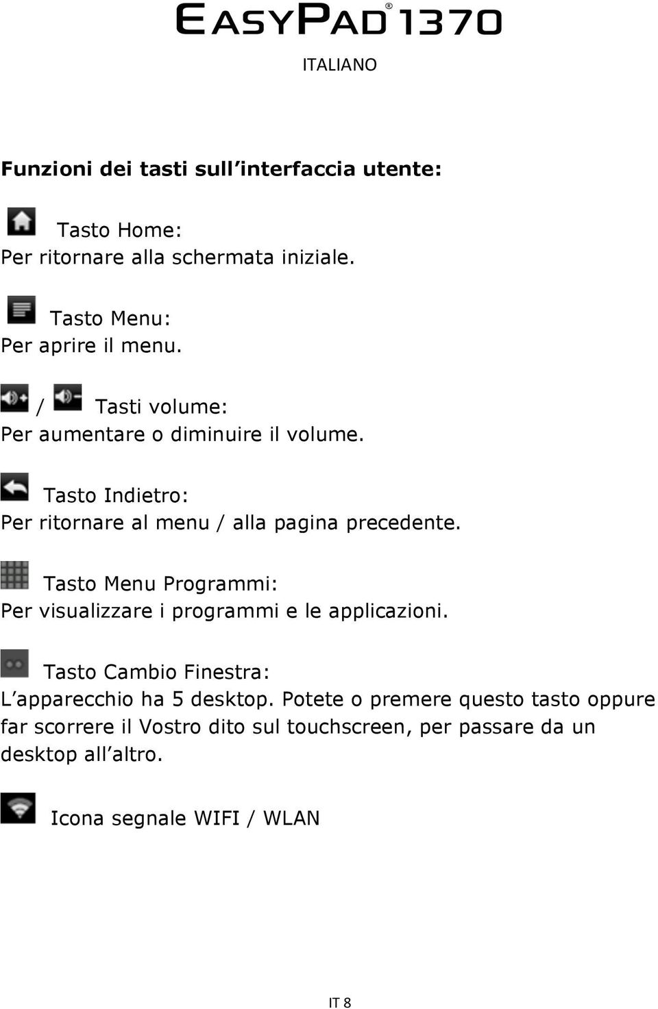 Tasto Menu Programmi: Per visualizzare i programmi e le applicazioni. Tasto Cambio Finestra: L apparecchio ha 5 desktop.