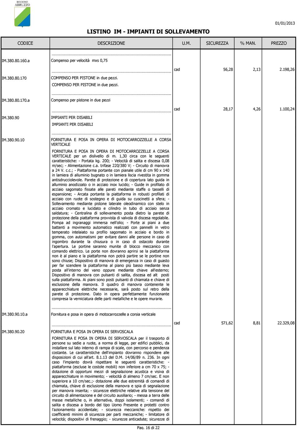 1,30 circa con le seguenti caratteristiche: - Portata kg. 200; - Velocità di salita e discesa 0,08 m/sec; - Alimentazione c.a. trifase 220/380 V; - Circuito di manovra a 24 V. c.c.; - Piattaforma portante con pianale utile di cm 90 x 140 in lamiera di alluminio bugnato o in lamiera liscia rivestita in gomma antisdrucciolevole.