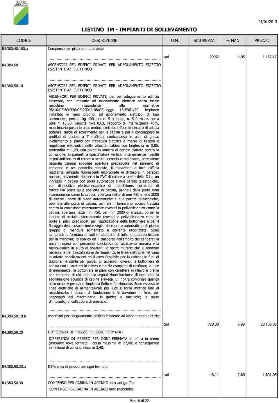 95/16/CE;89/336/CE;2004/108/CE;Legge 13;EN81/70. Impianto installato in vano proprio, ad azionamento elettrico, di tipo automatico, portata kg 400, per n. 5 persone, n.