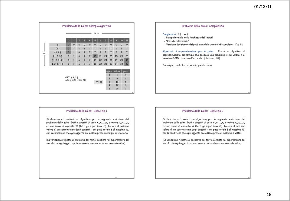 [Cap 8] n + { } {, } {,, } {,,, } 0 0 0 0 8 8 9 8 9 9 0 Algoritmi di approssimazione per lo zaino.