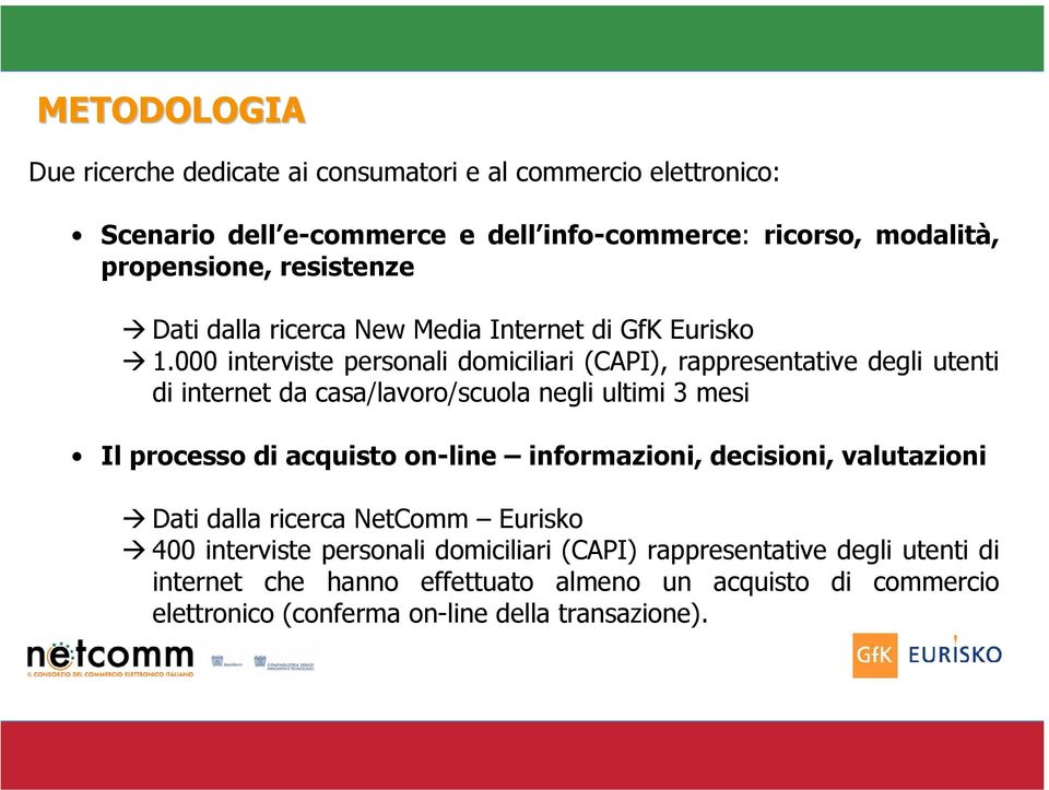 000 interviste personali domiciliari (CAPI), rappresentative degli utenti di internet da casa/lavoro/scuola negli ultimi 3 mesi Il processo di acquisto on-line