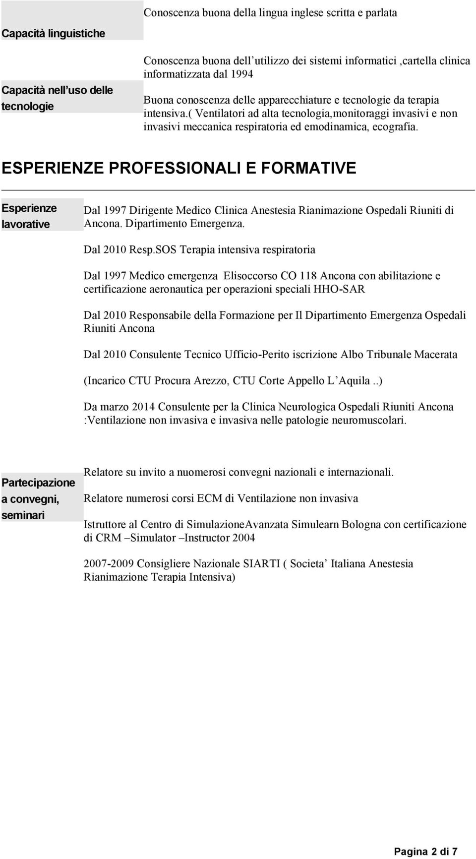 ESPERIENZE PROFESSIONALI E FORMATIVE Esperienze lavorative Dal 1997 Dirigente Medico Clinica Anestesia Rianimazione Ospedali Riuniti di Ancona. Dipartimento Emergenza. Dal 2010 Resp.