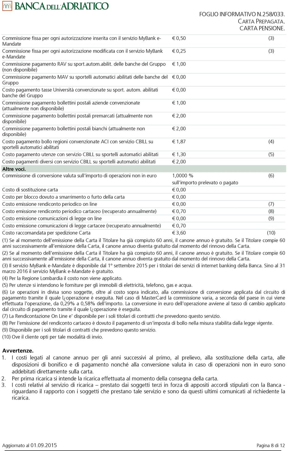 delle banche del Gruppo 1,00 (non disponibile) Commissione pagamento MAV su sportelli automa