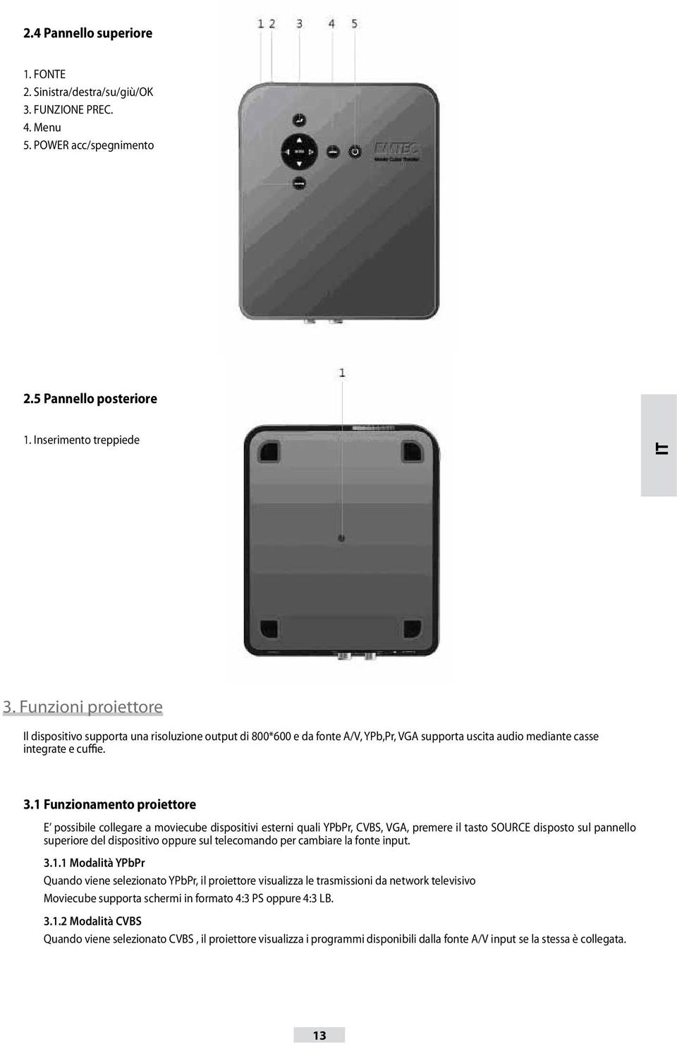 1 Funzionamento proiettore E possibile collegare a moviecube dispositivi esterni quali YPbPr, CVBS, VGA, premere il tasto SOURCE disposto sul pannello superiore del dispositivo oppure sul telecomando